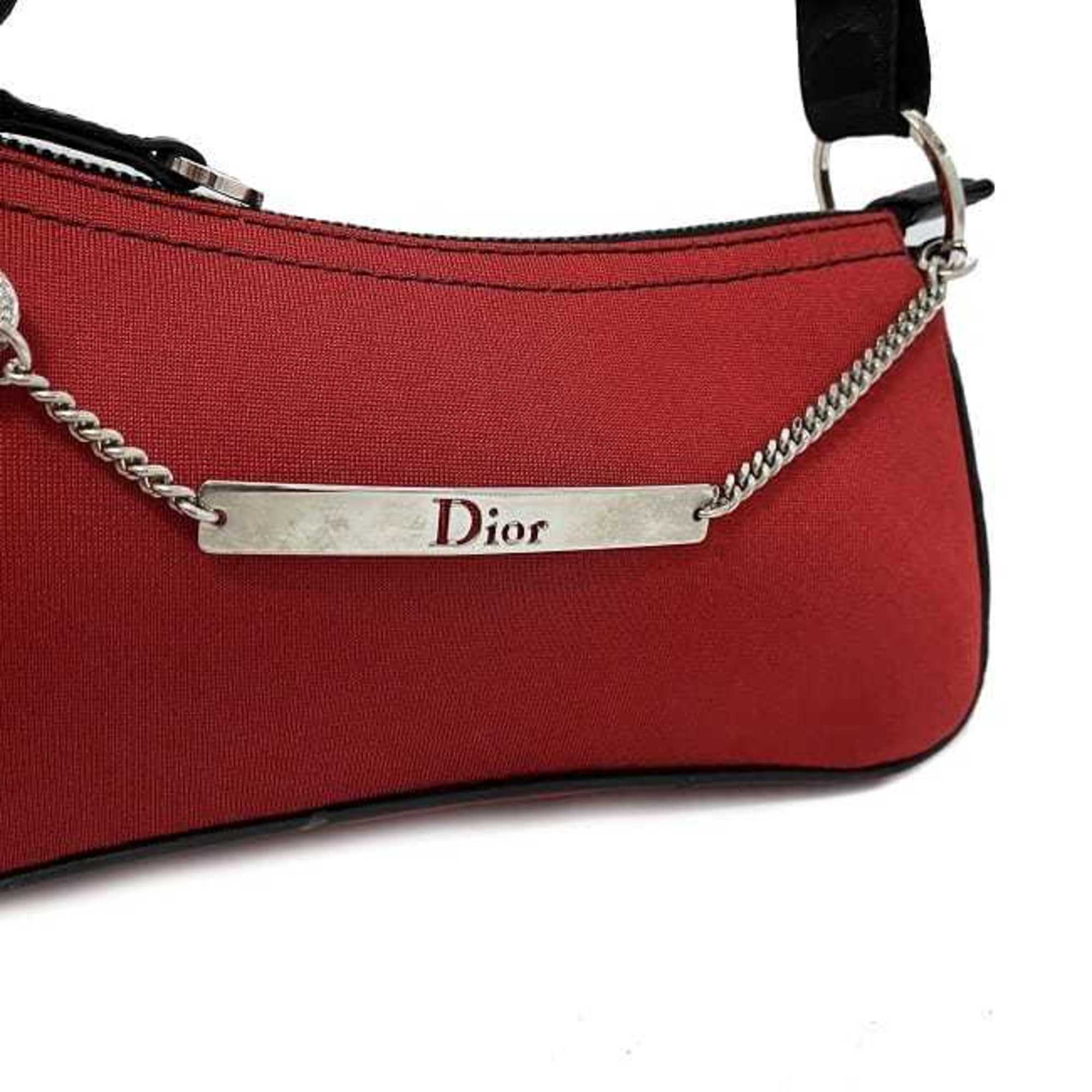 Christian Dior Black Red Color Satin Canvas Leather Shoulder Bag ()