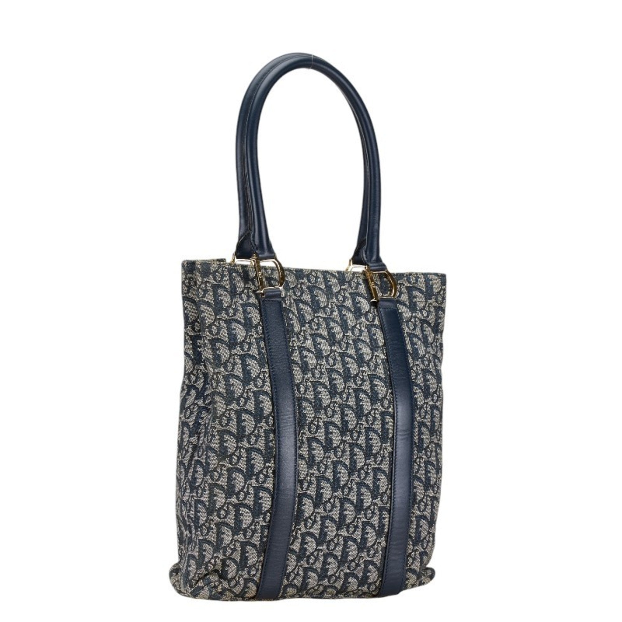 Christian Dior Beige Navy Canvas Leather Handbag Tote Bag ()