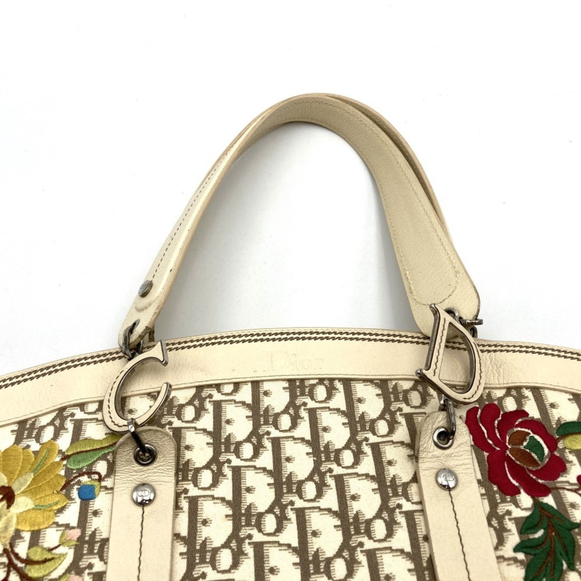 Christian Dior Beige Ivory White Canvas Leather Tote Bag ()