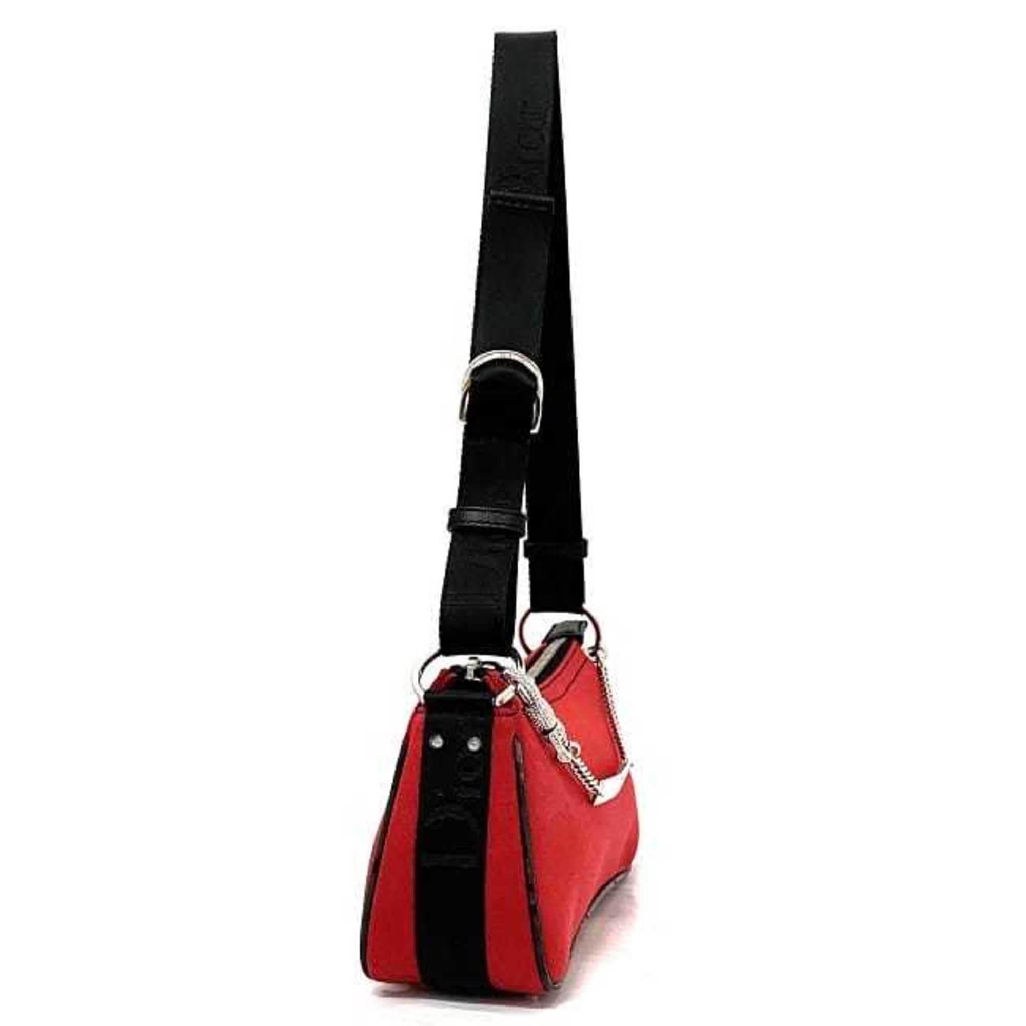 Christian Dior Black Red Color Satin Canvas Leather Shoulder Bag ()
