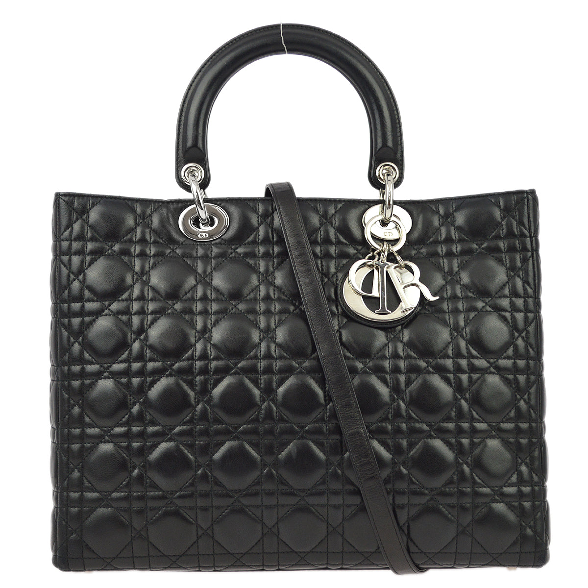 Christian Dior 2004 Black Lambskin Large Lady Dior Cannage 2way Shoulder Handbag