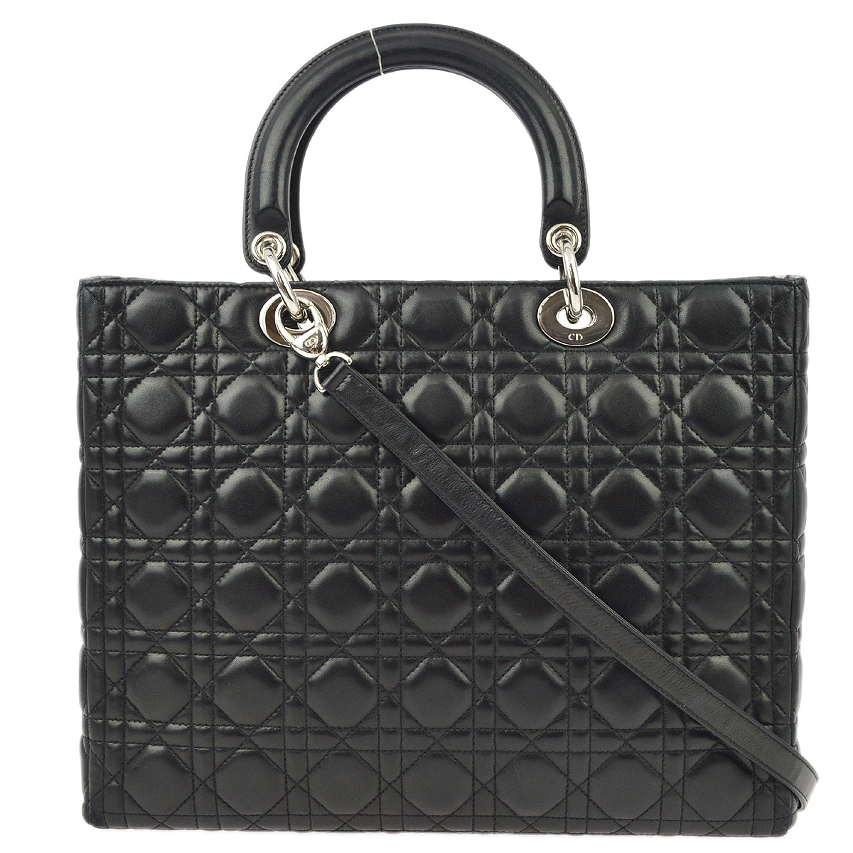 Christian Dior 2004 Black Lambskin Large Lady Dior Cannage 2way Shoulder Handbag