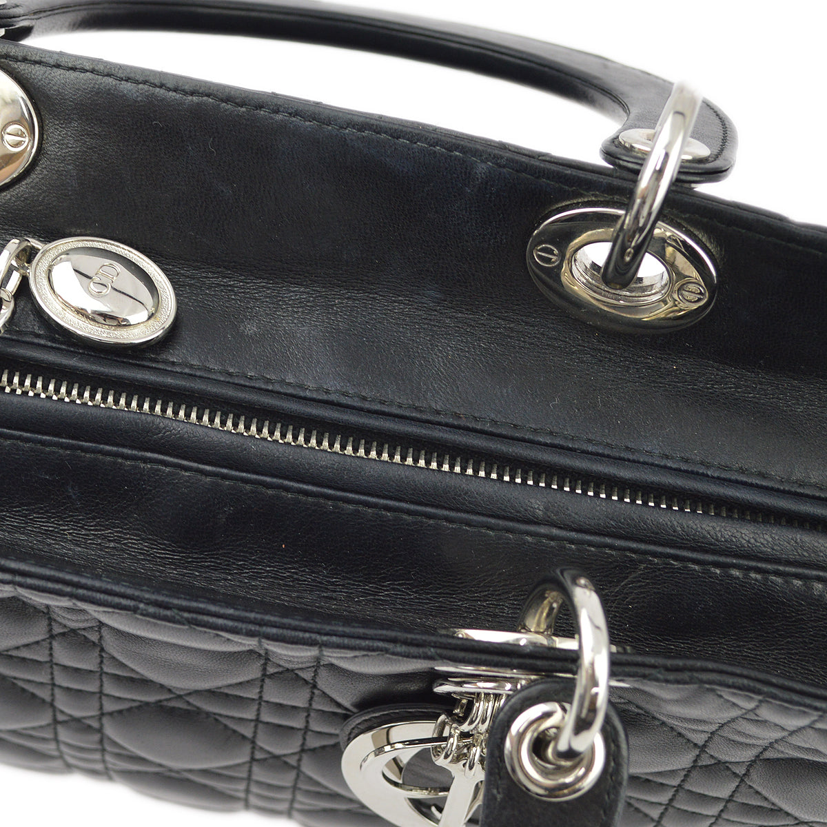 Christian Dior 2004 Black Lambskin Large Lady Dior Cannage 2way Shoulder Handbag