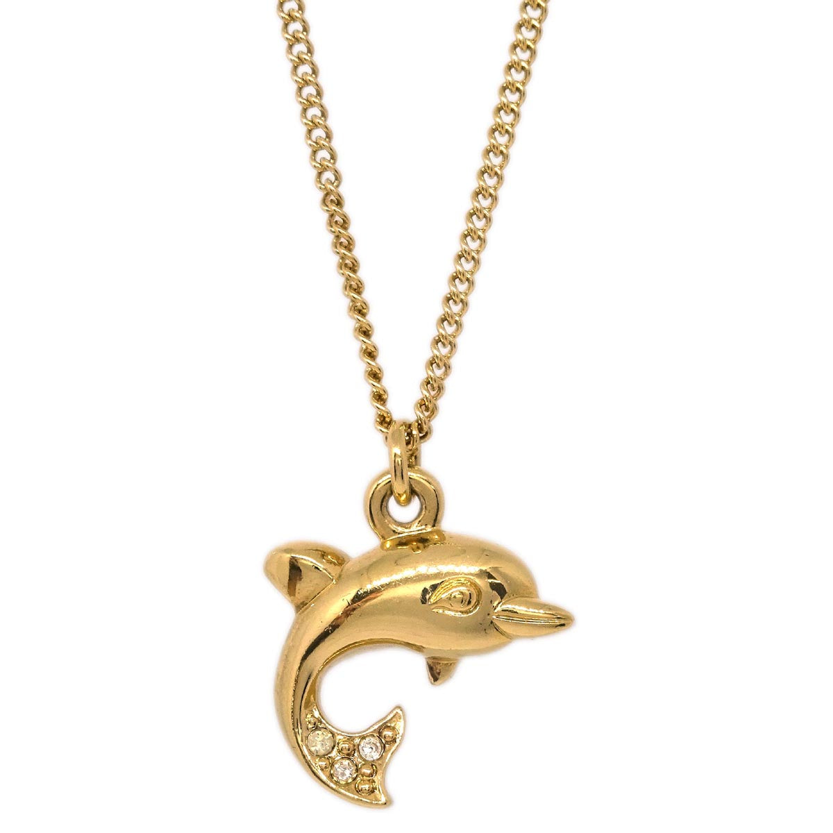 Christian Dior Dolphin Necklace Pendant Gold Rhinestone