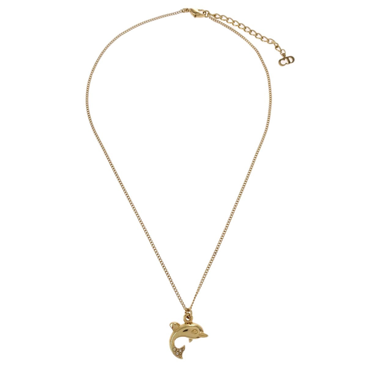 Christian Dior Dolphin Necklace Pendant Gold Rhinestone