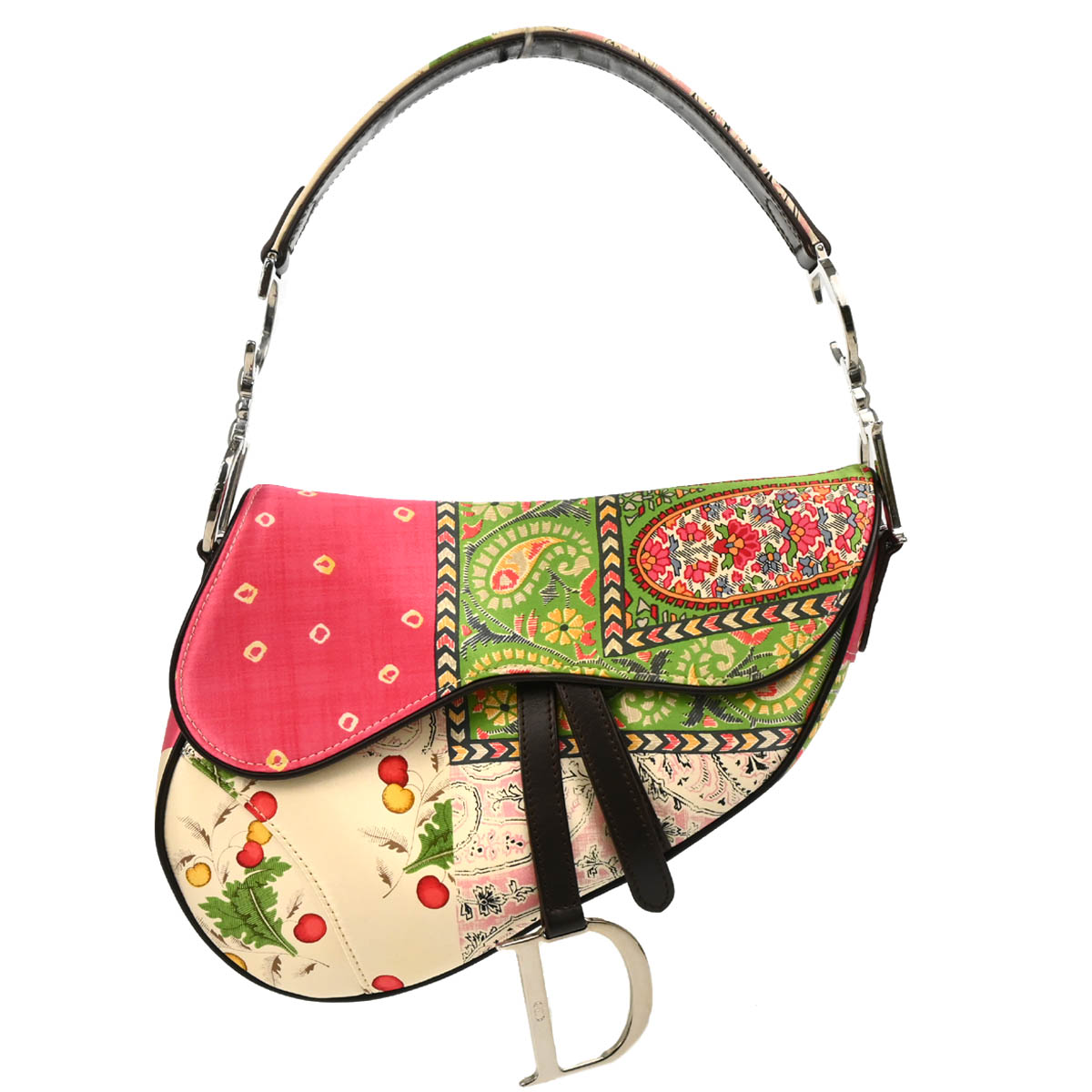 Christian Dior 2003 White Pink Green Satin Saddle Handbag