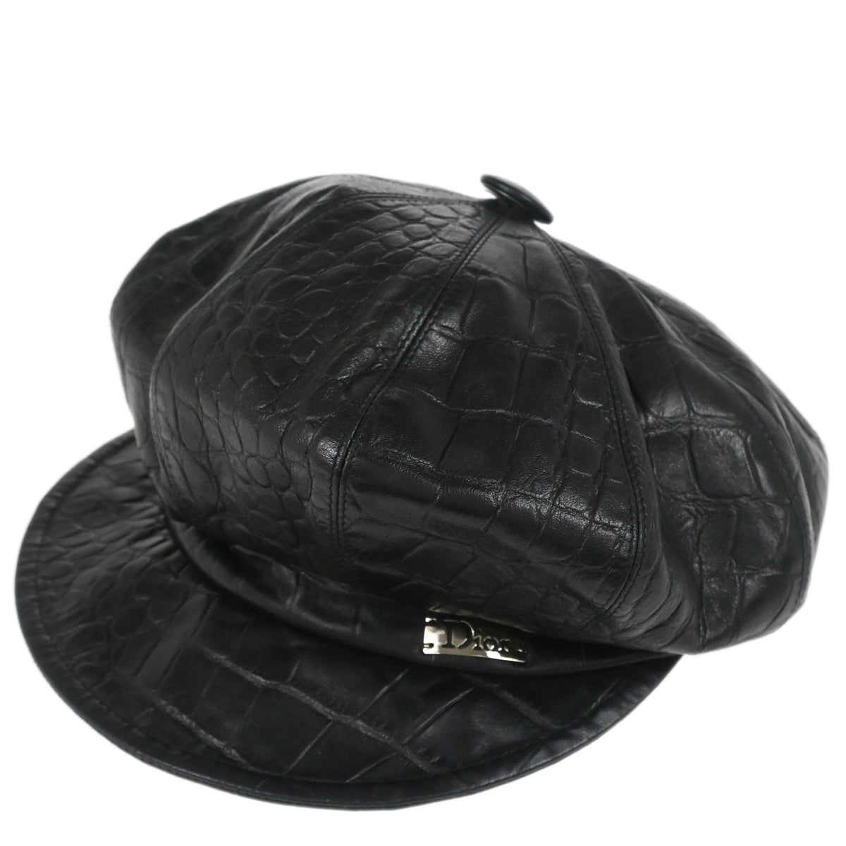 Christian Dior Black Embossed Leather Newsboy Cap Hat Small Good