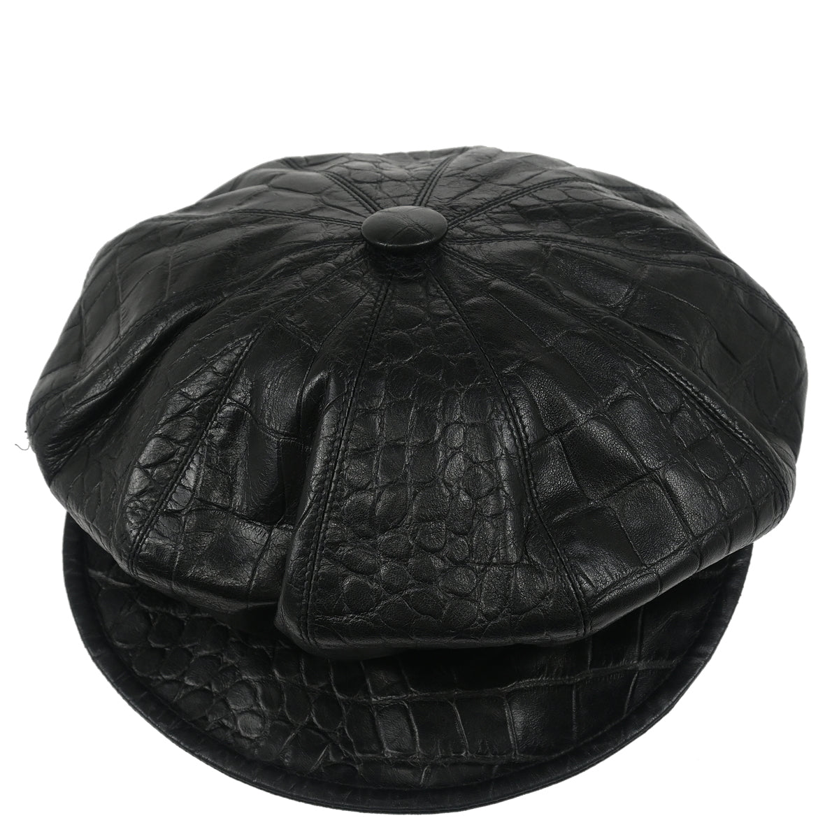 Christian Dior Black Embossed Leather Newsboy Cap Hat Small Good