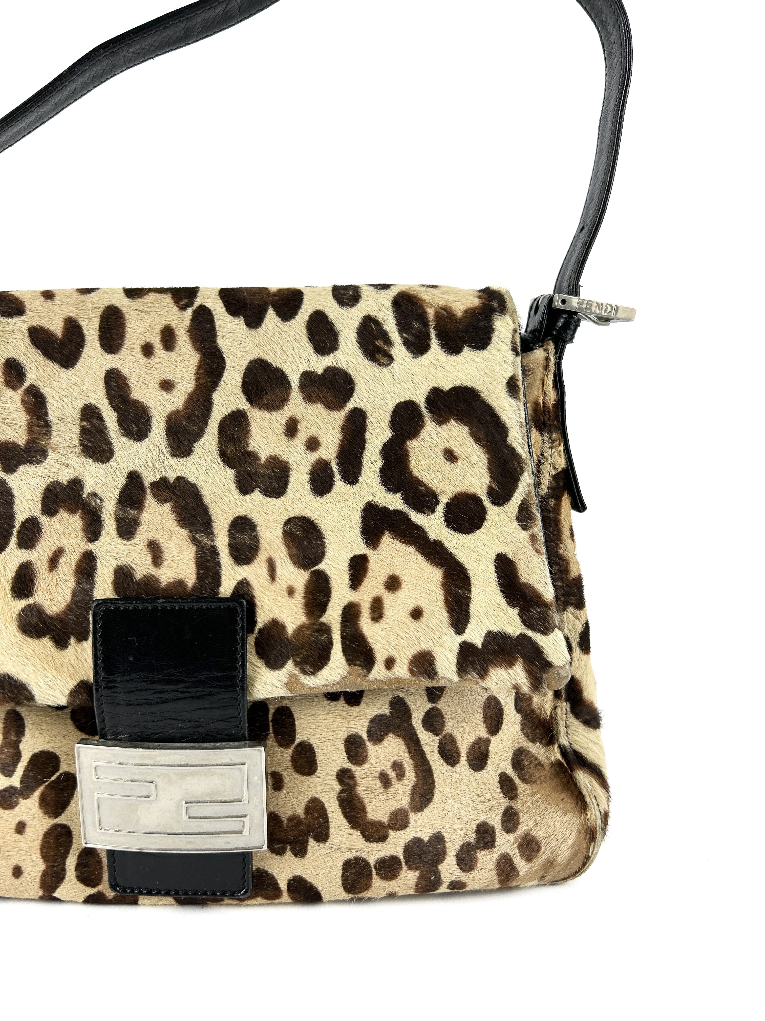 Vintage Fendi Leopard Print Calf Hair Mamma Baguette Shoulder Bag