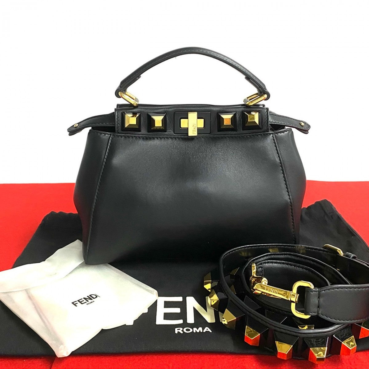 FENDI Shoulder Bag leather black Peekaboo Mini Studs Women Used