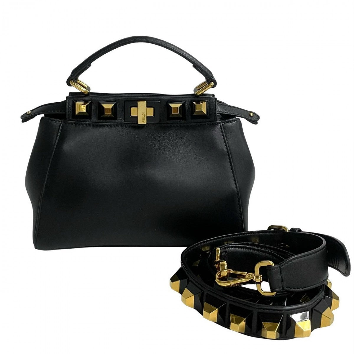 FENDI Shoulder Bag leather black Peekaboo Mini Studs Women Used