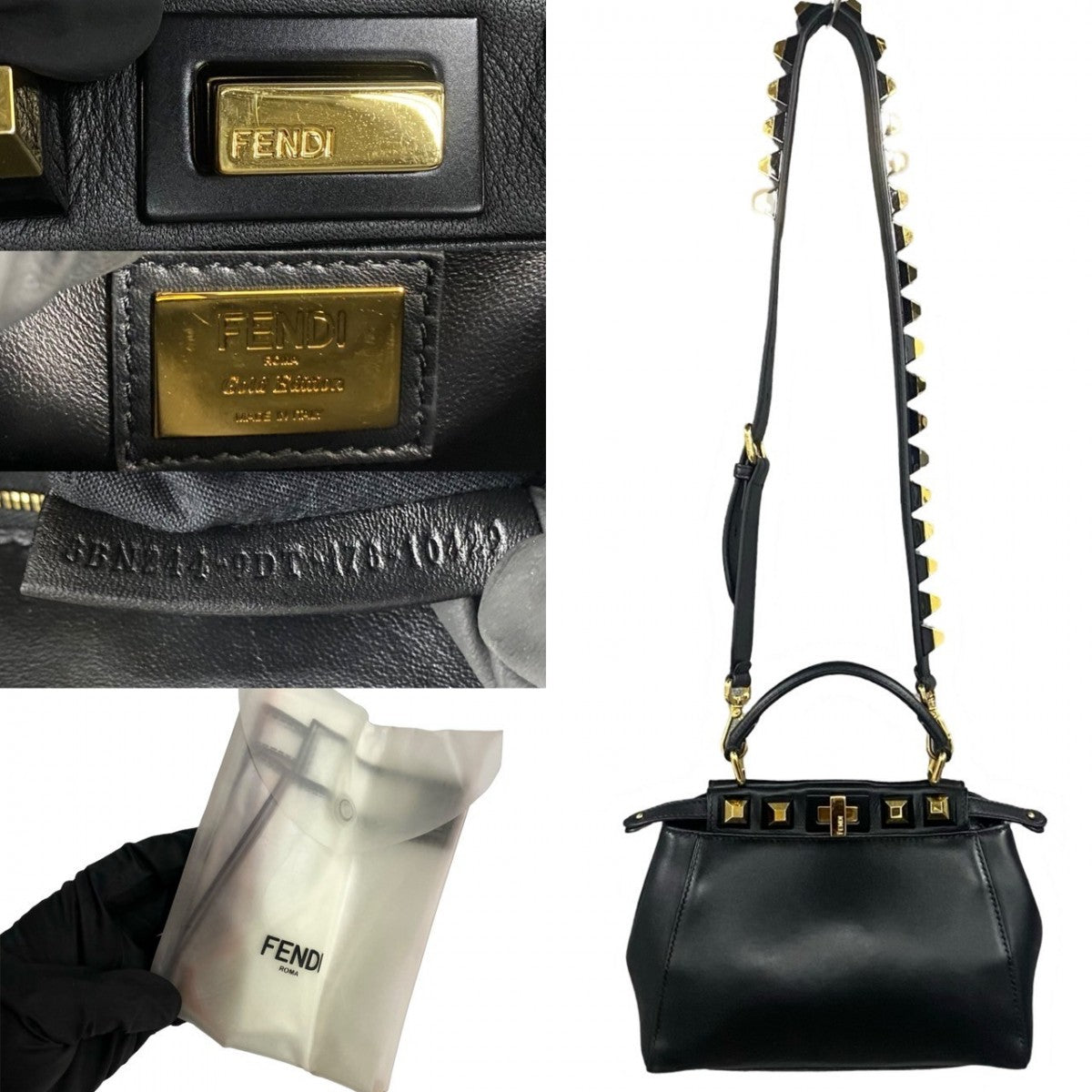 FENDI Shoulder Bag leather black Peekaboo Mini Studs Women Used