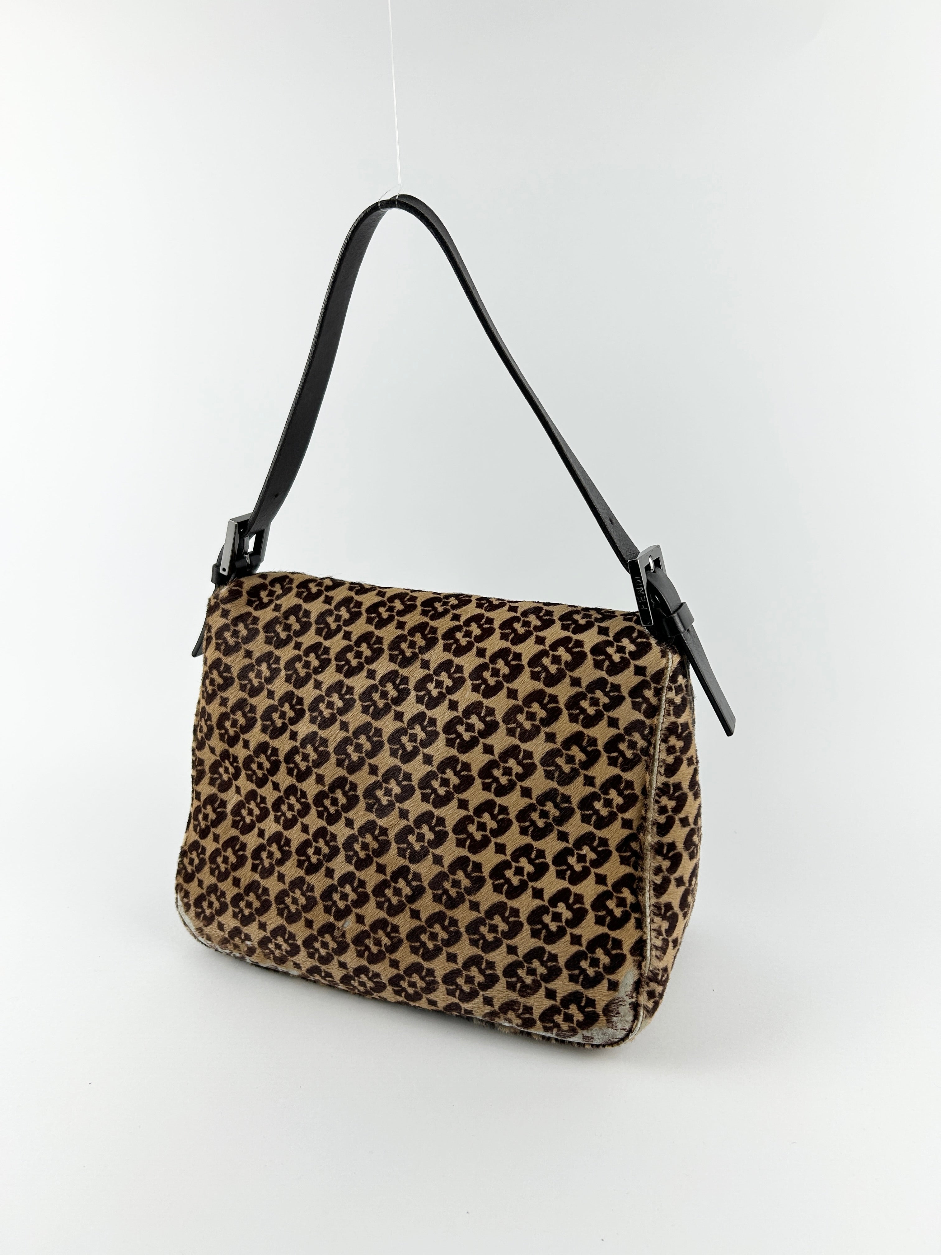 Vintage Fendi Zucca Calf Hair Mamma Baguette Shoulder Bag