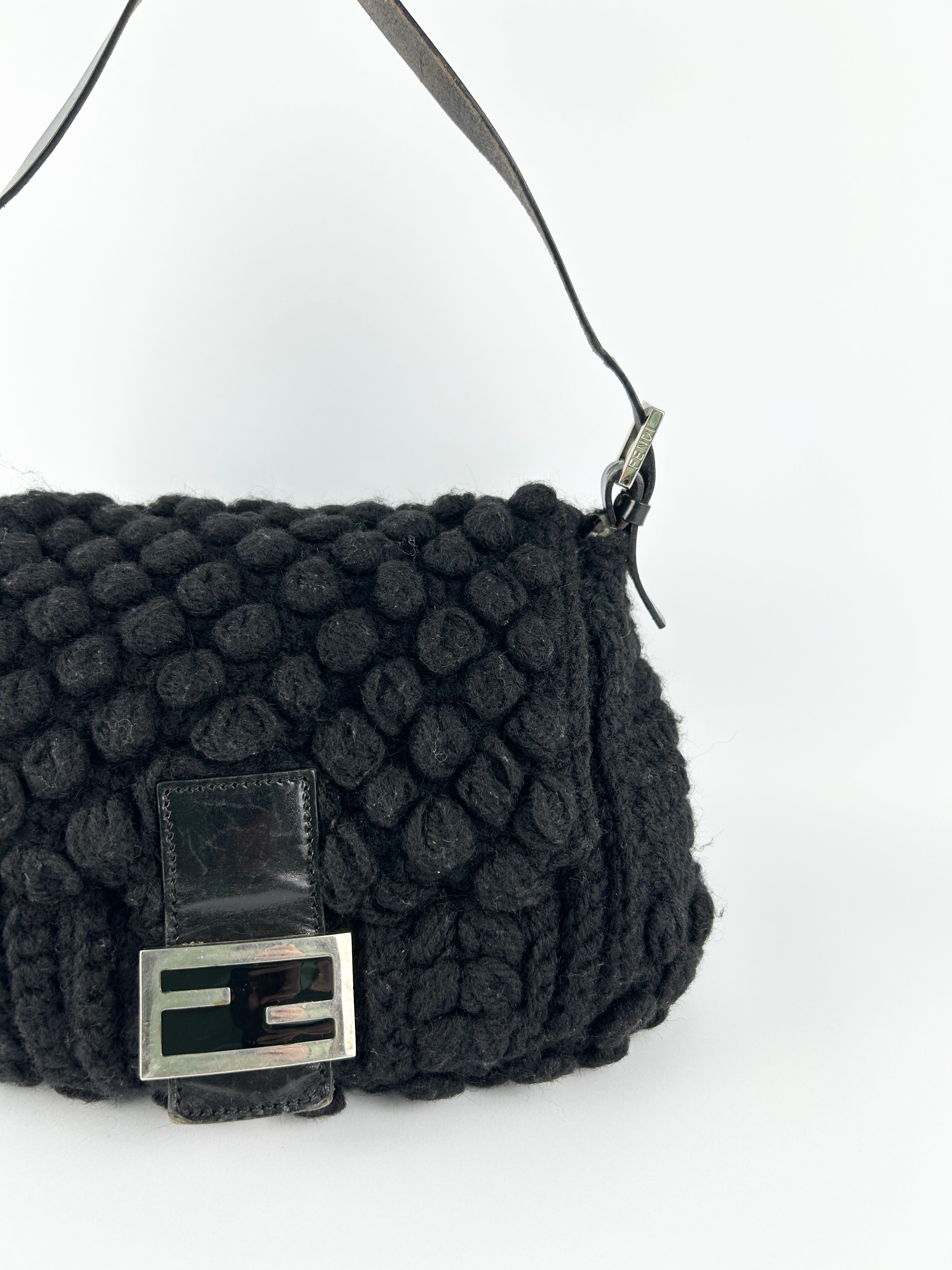 Vintage Fendi Black Crochet Bobble Knit Mamma Baguette Shoulder Bag
