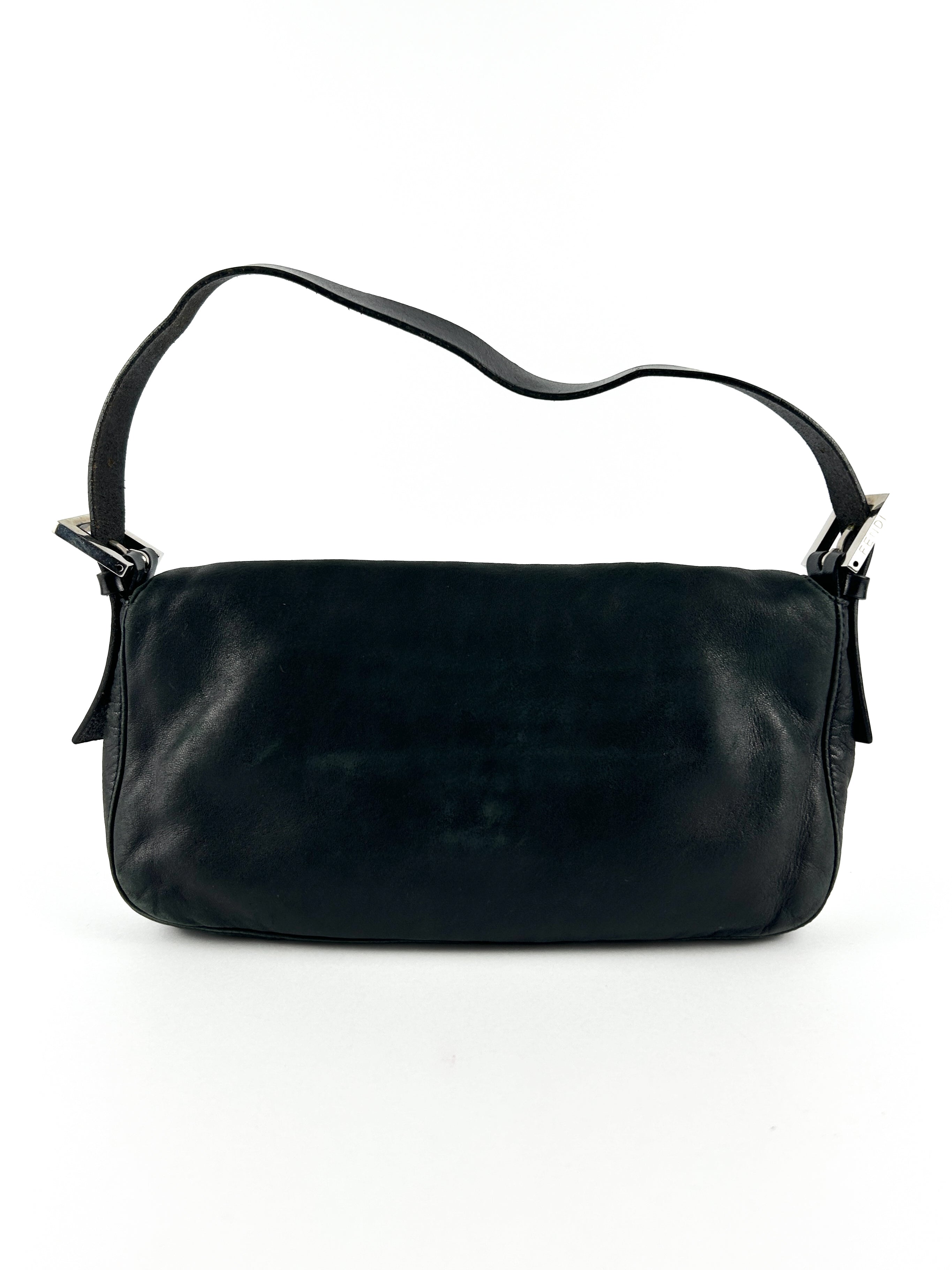 Vintage Fendi Black Leather Baguette Shoulder Bag