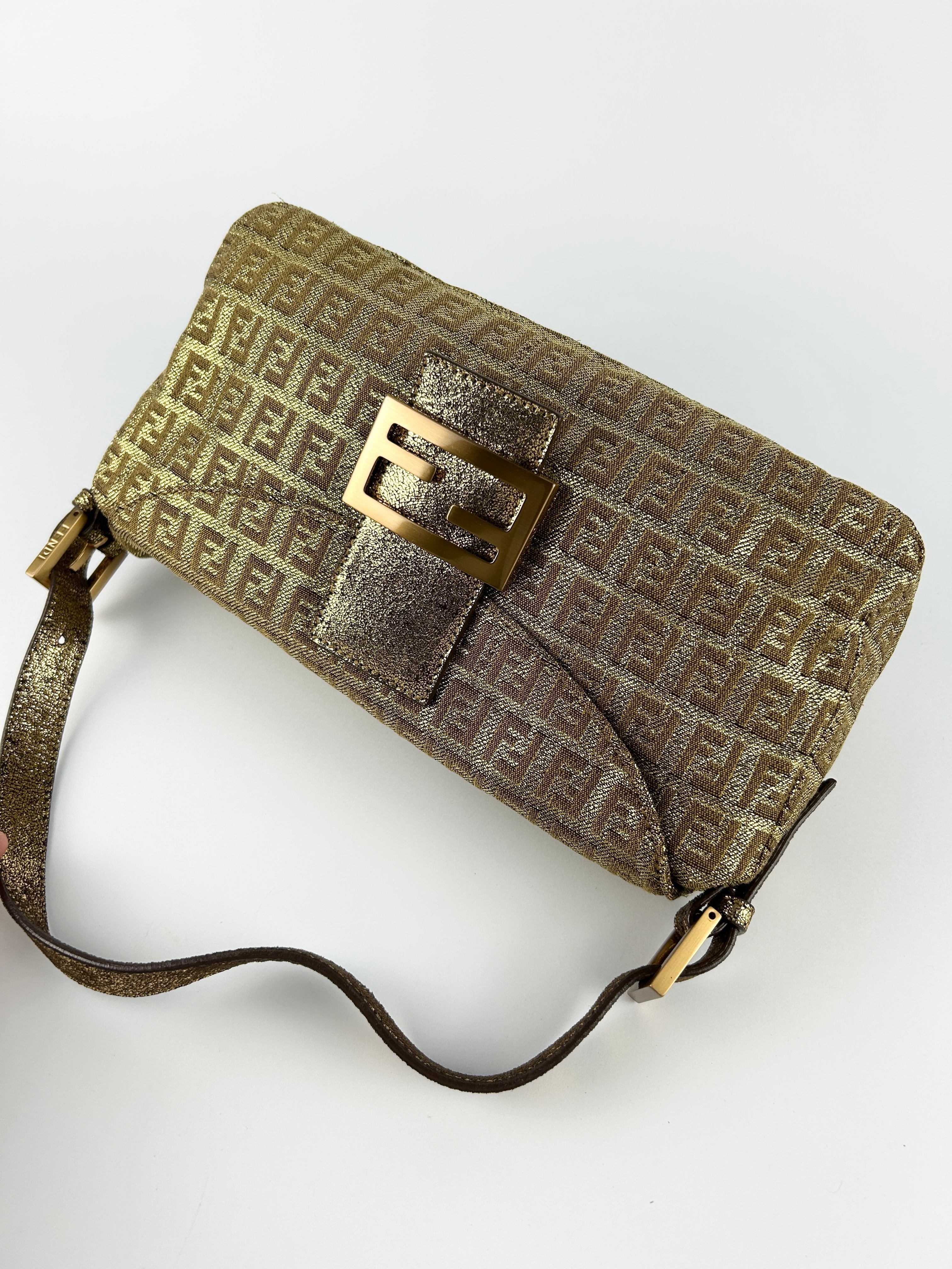 Vintage Fendi Zucca Lurex Gold Baguette Shoulder Bag