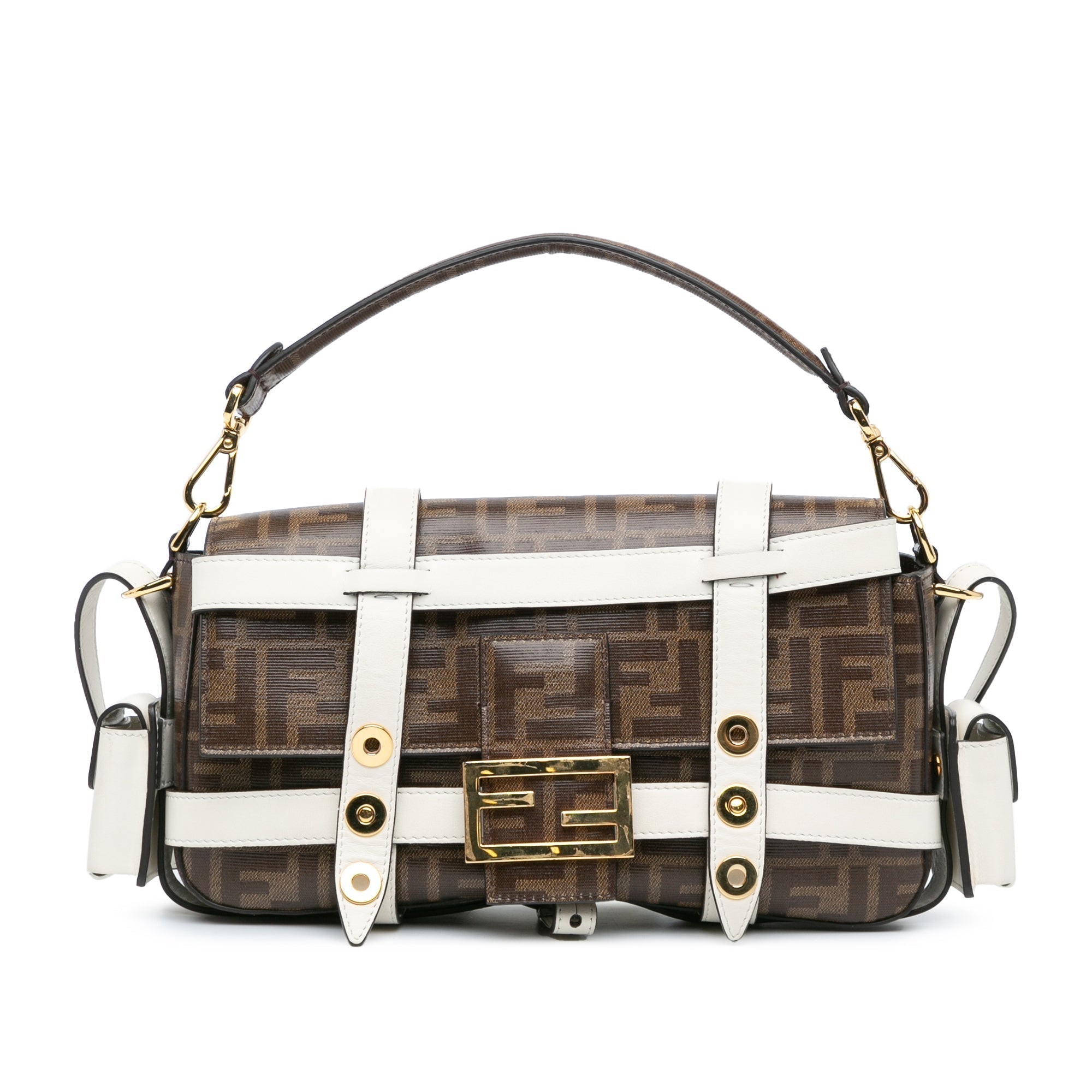Brown Fendi Zucca Glazed Fabric Cage Baguette Satchel