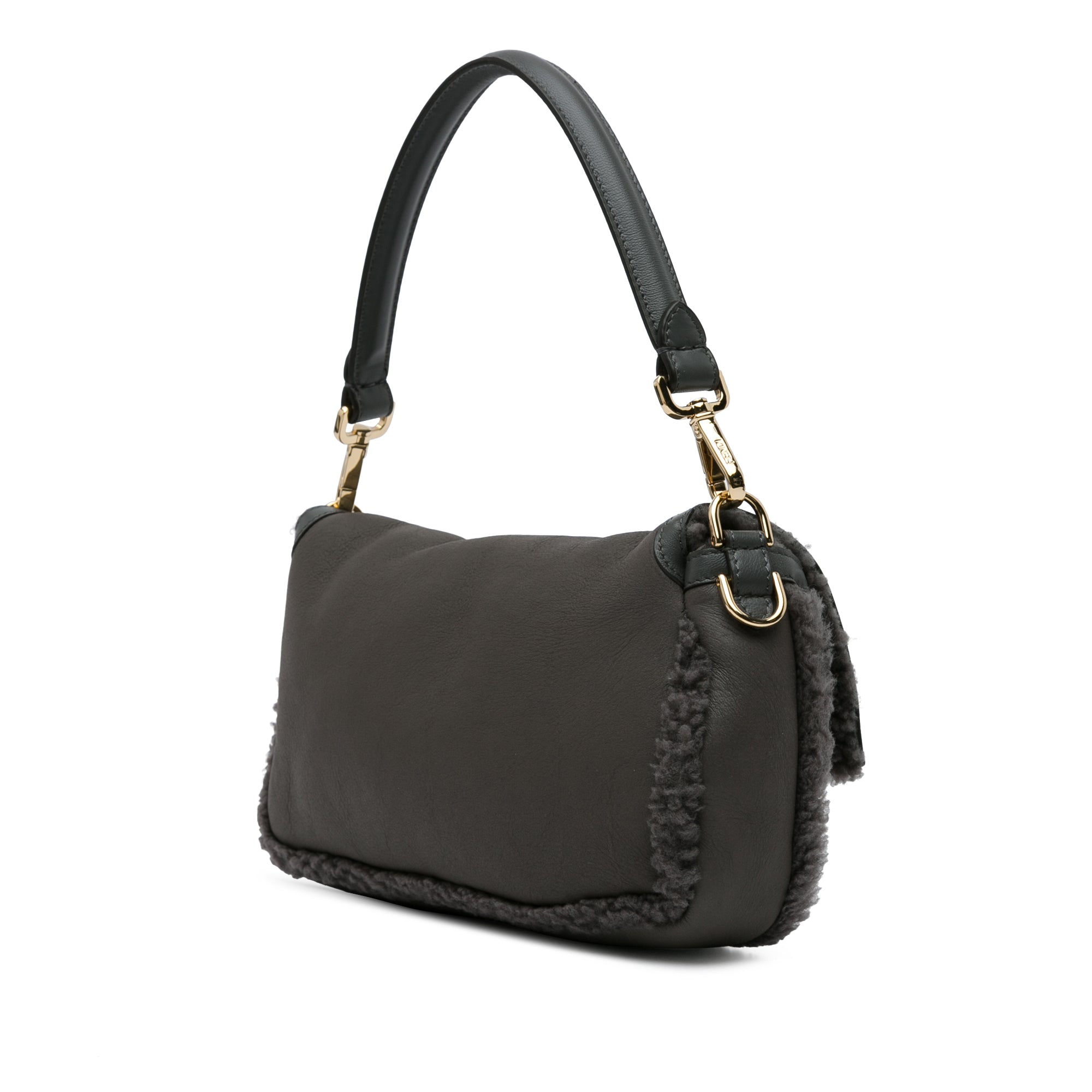 Gray Fendi Shearling Trimmed Leather Baguette Satchel