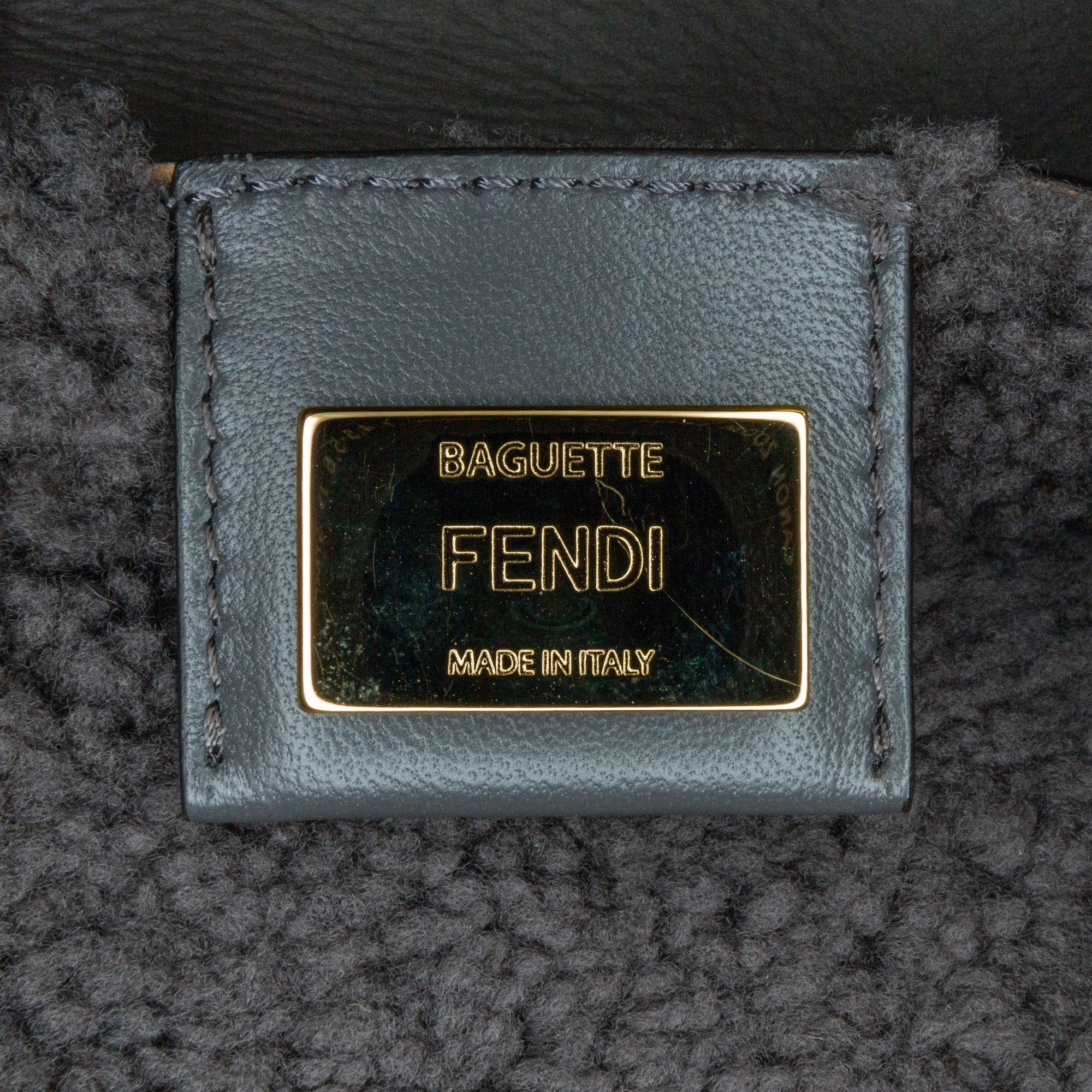 Gray Fendi Shearling Trimmed Leather Baguette Satchel