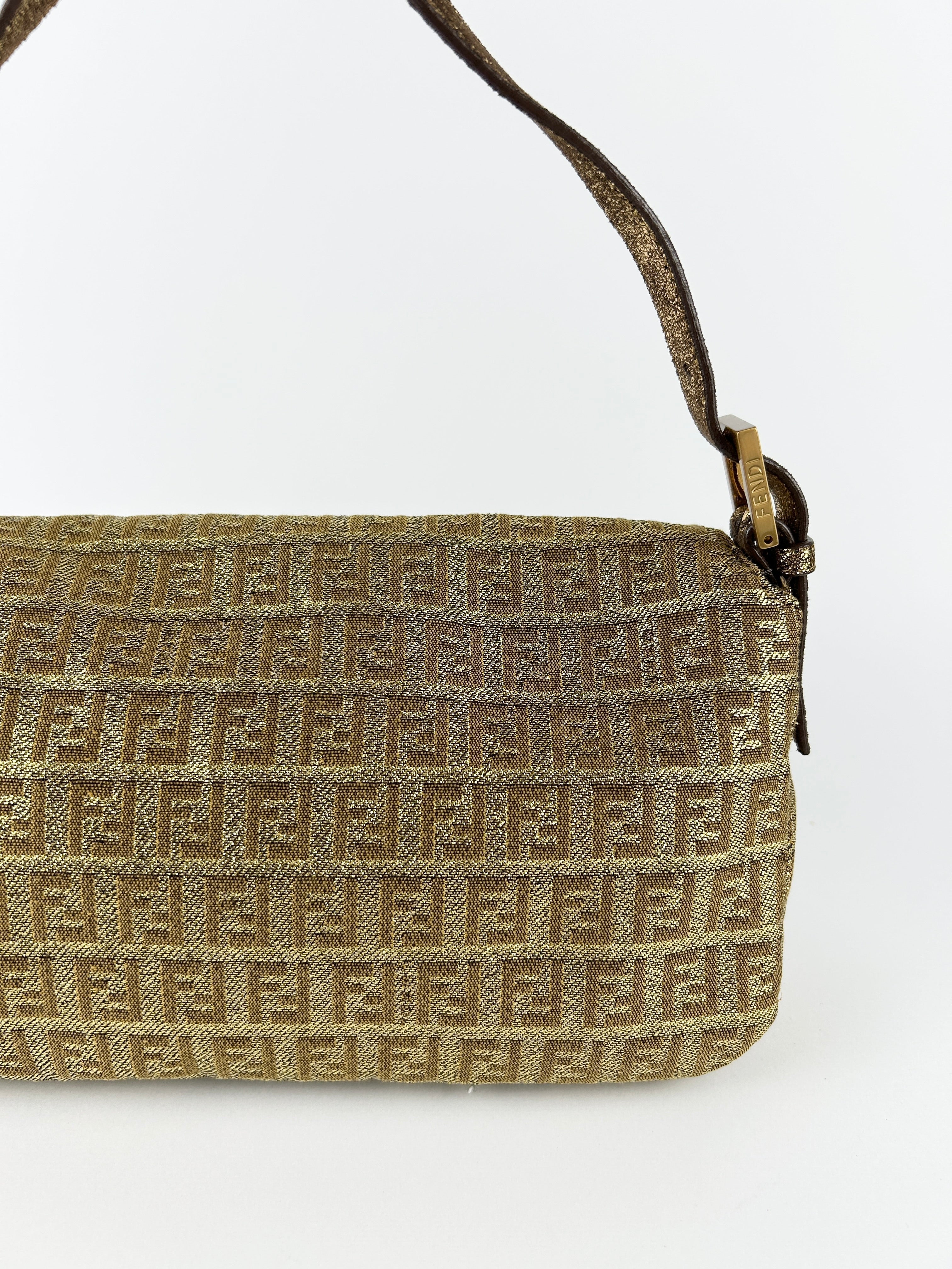 Vintage Fendi Zucca Lurex Gold Baguette Shoulder Bag