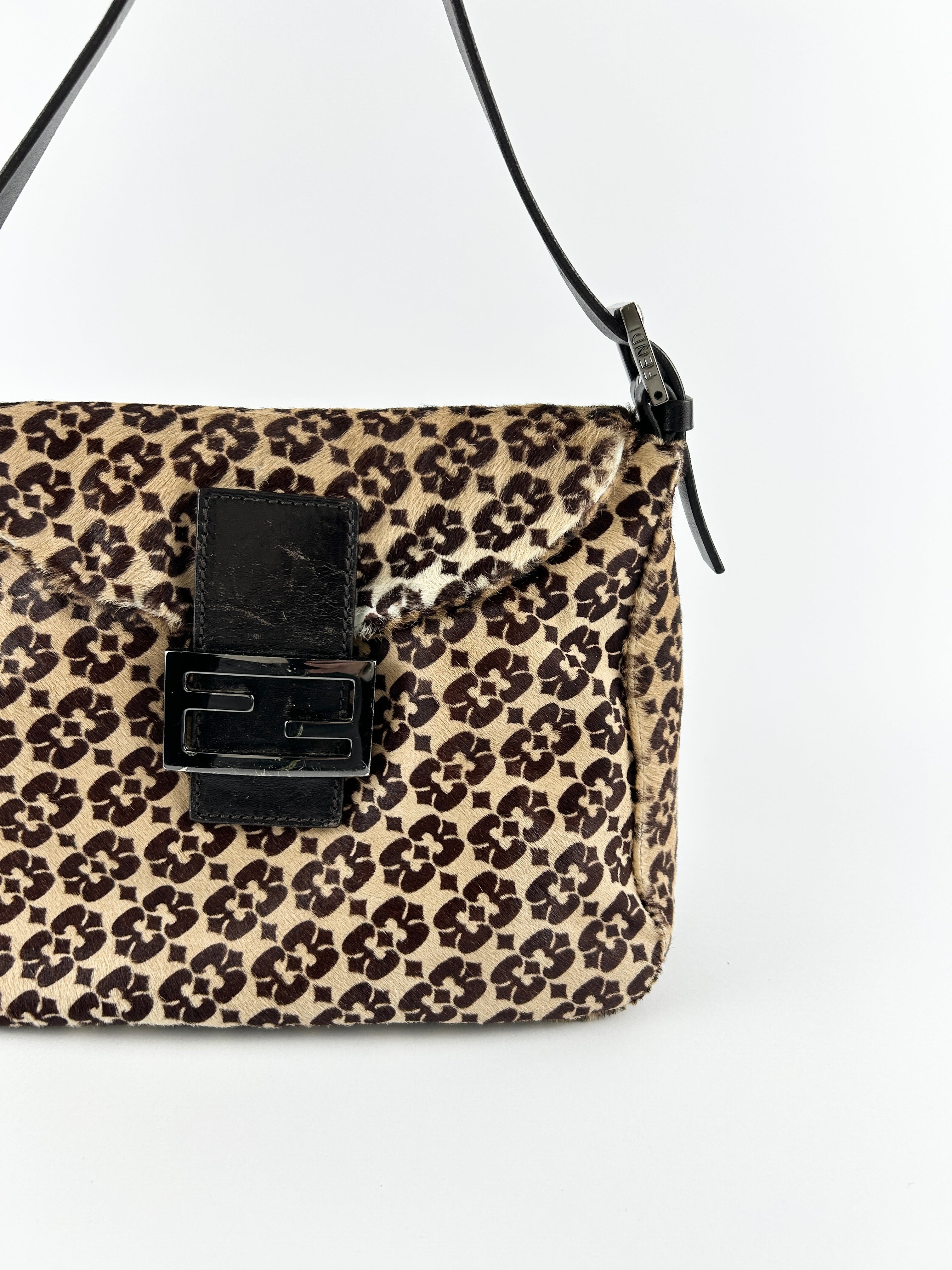 Vintage Fendi Zucca Calf Hair Mamma Baguette Shoulder Bag
