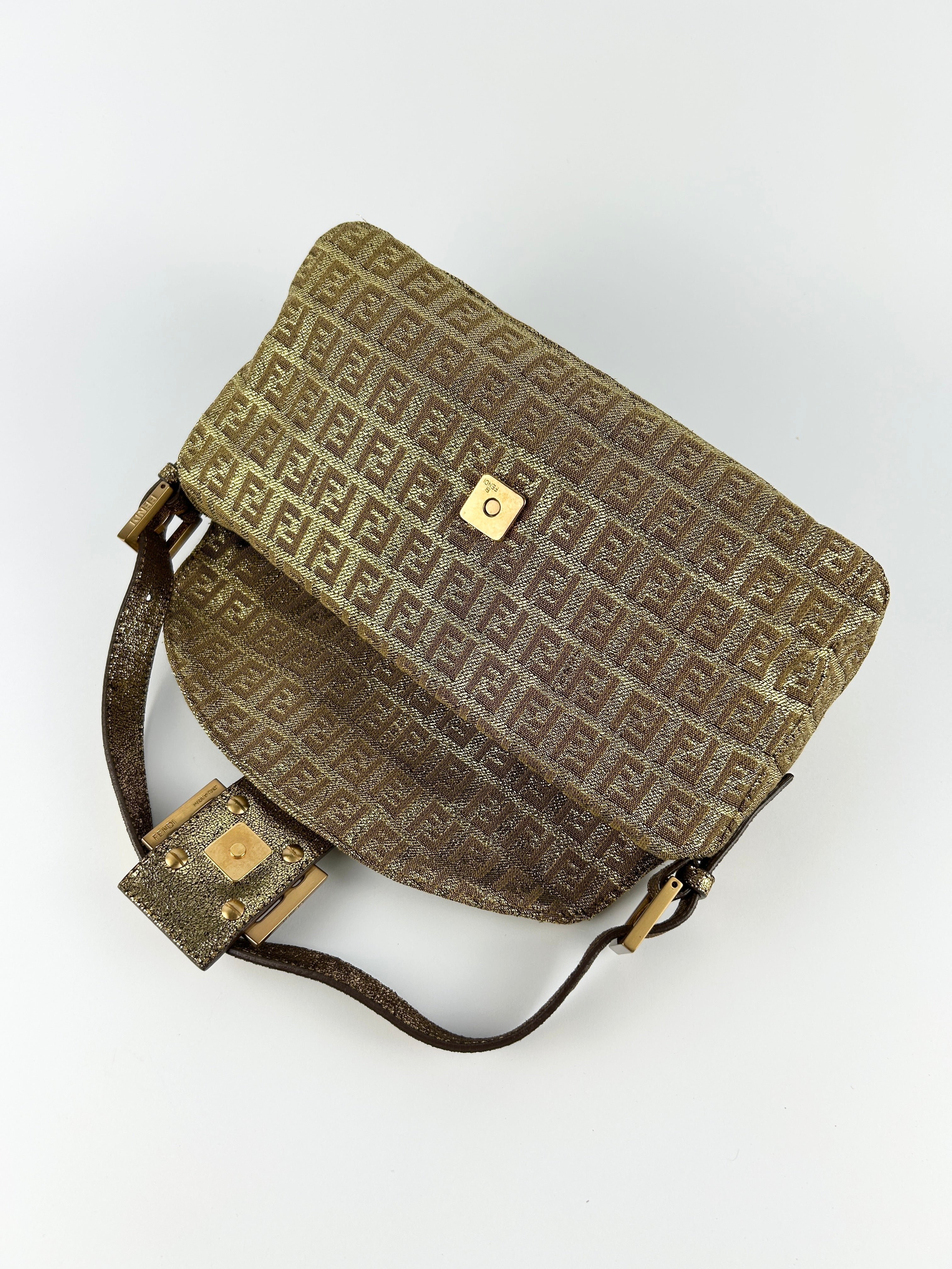 Vintage Fendi Zucca Lurex Gold Baguette Shoulder Bag