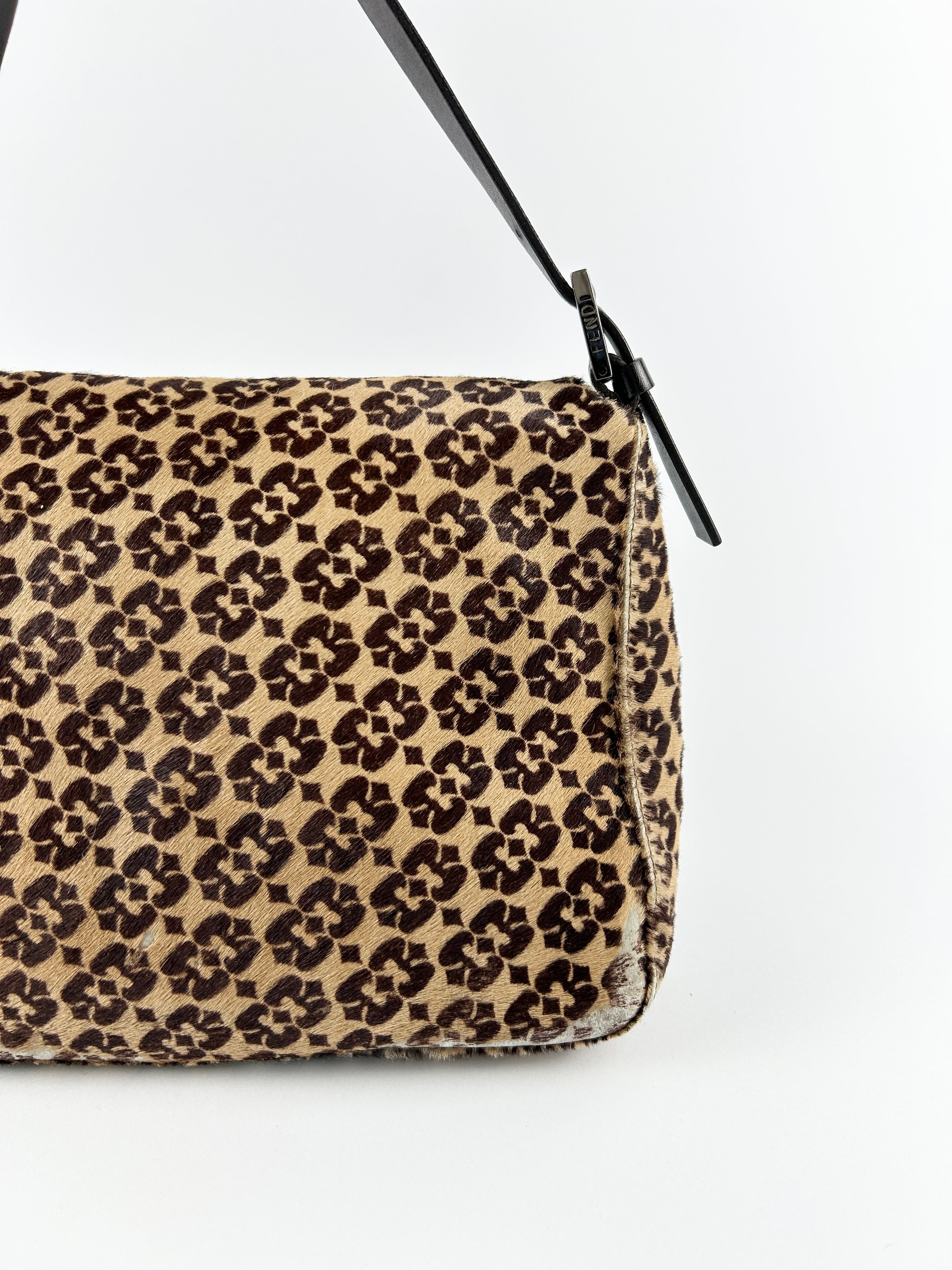 Vintage Fendi Zucca Calf Hair Mamma Baguette Shoulder Bag