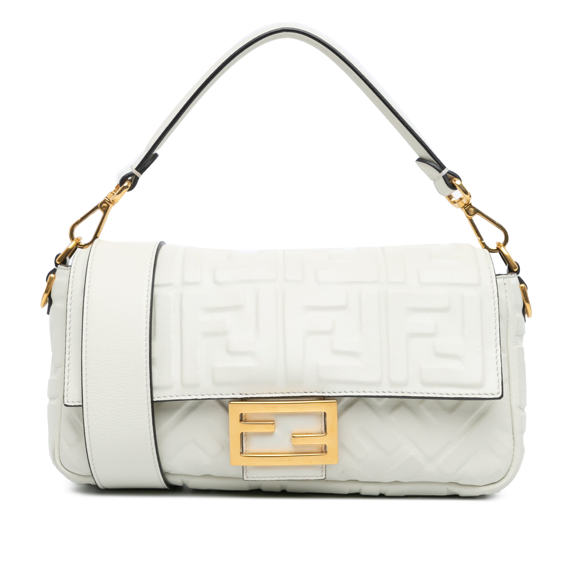 White Fendi Zucca Embossed Leather Baguette Satchel