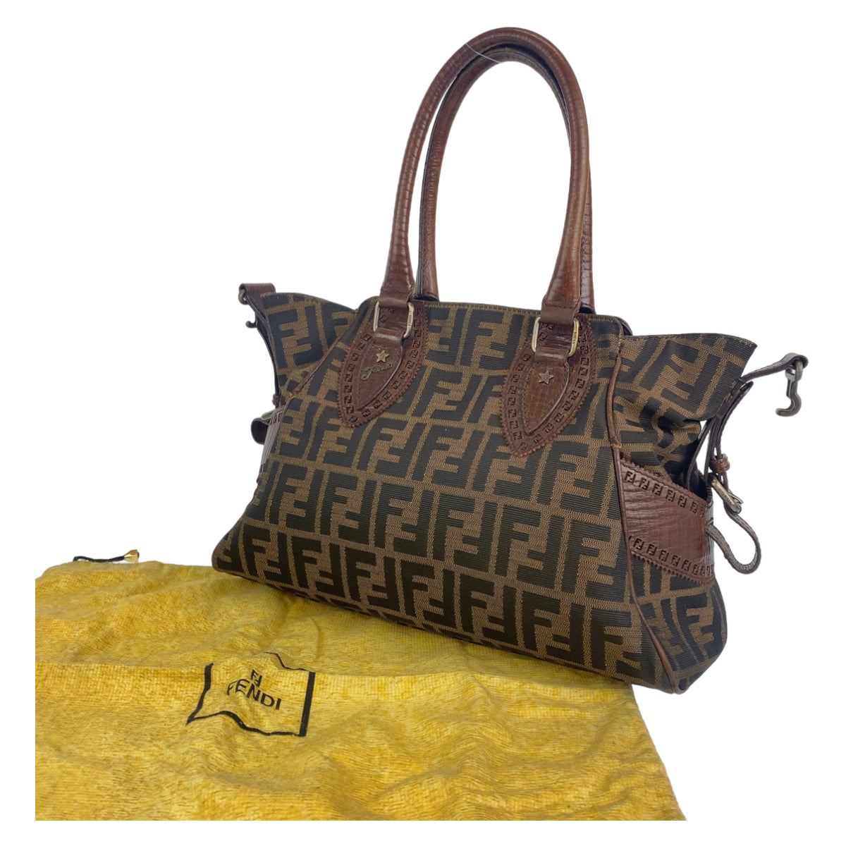 FENDI Shoulder Bag Canvas, Leather Brown Shoulder Bag Handbag Tote Bag Zucca Pattern Etnico Women Used