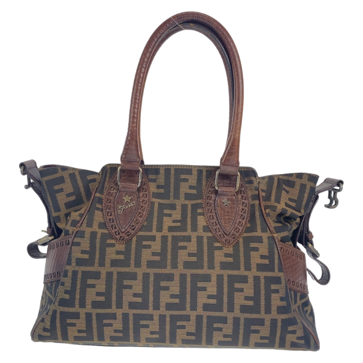 FENDI Shoulder Bag Canvas, Leather Brown Shoulder Bag Handbag Tote Bag Zucca Pattern Etnico Women Used
