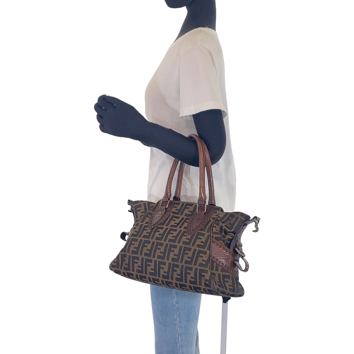 FENDI Shoulder Bag Canvas, Leather Brown Shoulder Bag Handbag Tote Bag Zucca Pattern Etnico Women Used