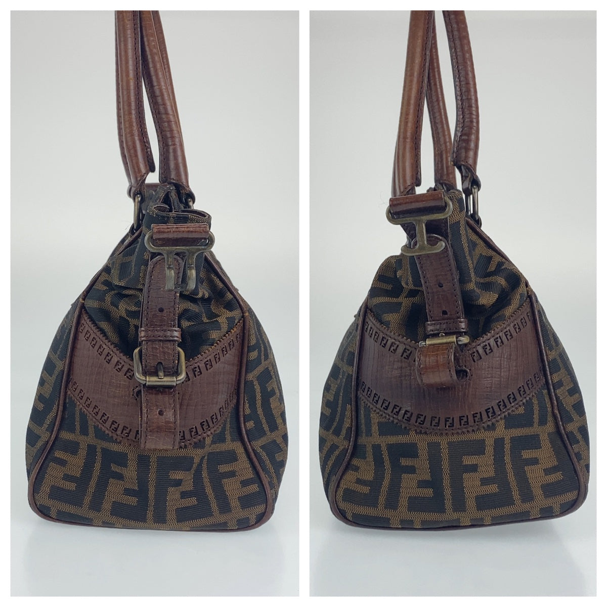 FENDI Shoulder Bag Canvas, Leather Brown Shoulder Bag Handbag Tote Bag Zucca Pattern Etnico Women Used