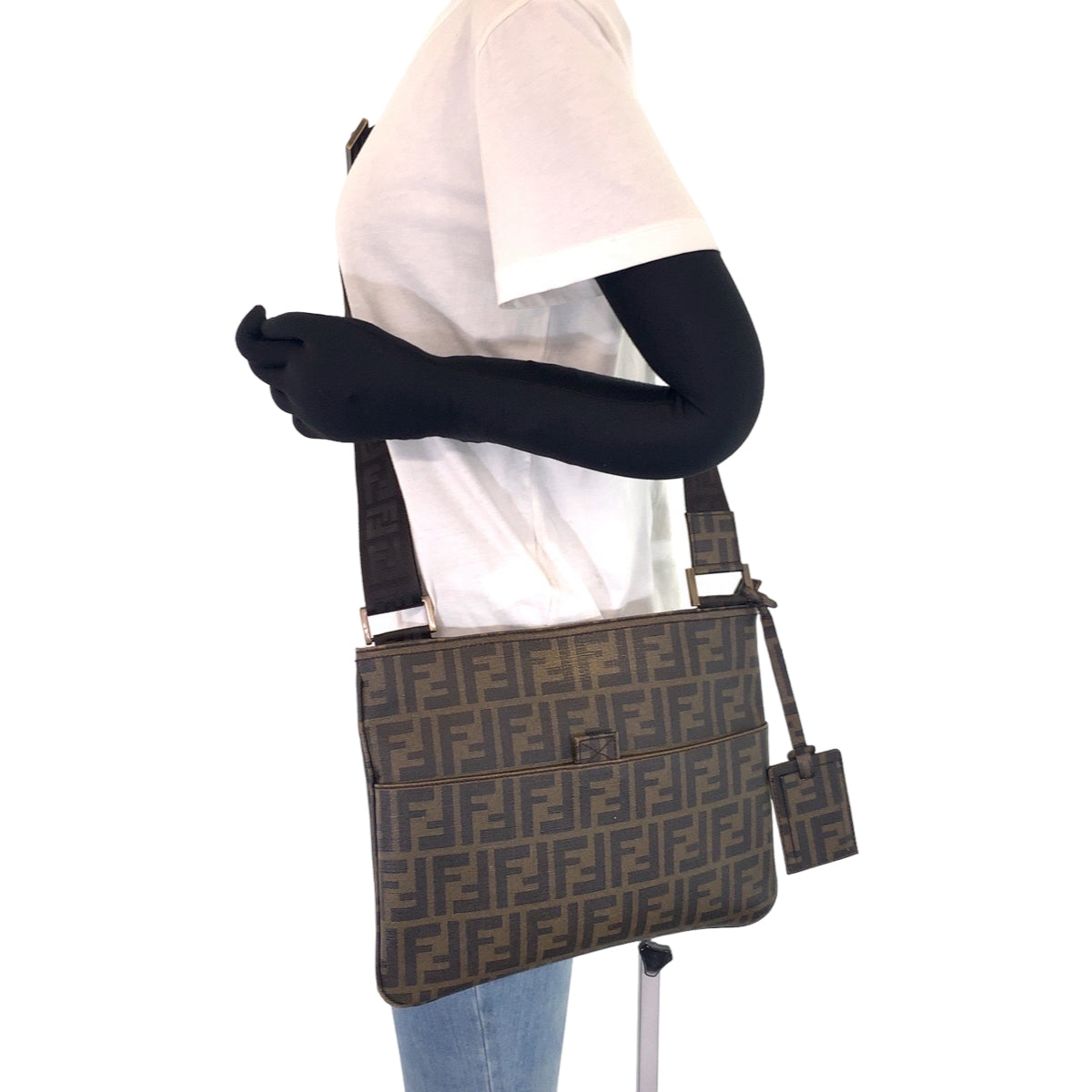 FENDI Shoulder Bag PVC Brown Gold Metal Crossbody Shoulder Bag Messenger Bag Zucca Pattern Women Used