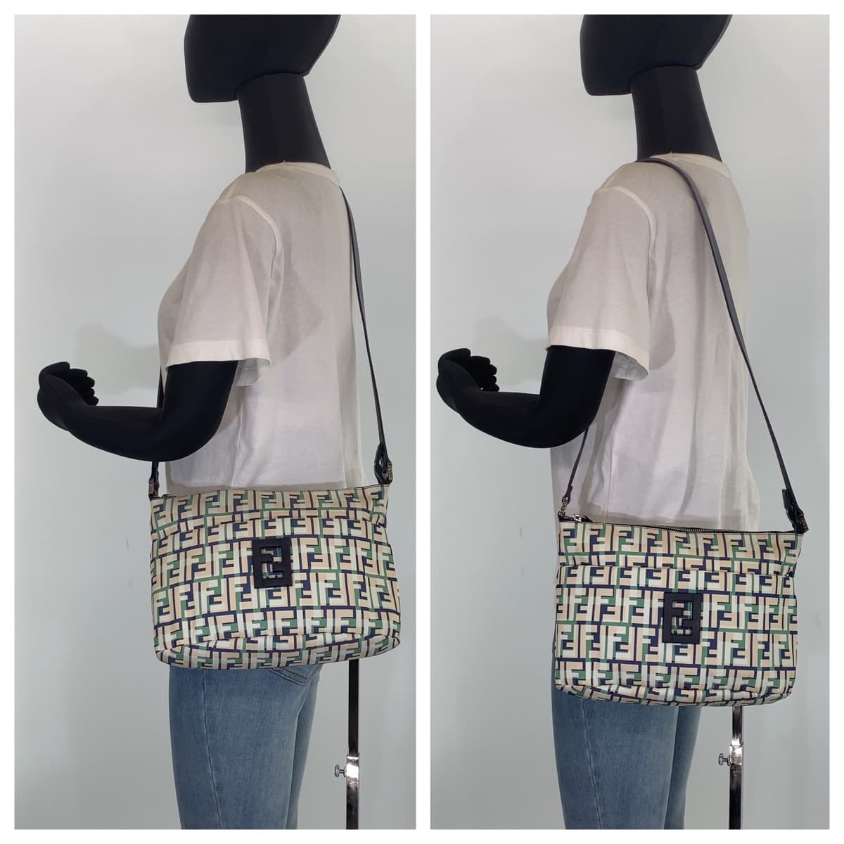 FENDI Shoulder Bag canvas Green Pink Navy Crossbody Shoulder Bag Messenger Bag Zucca Pattern FF logo Women Used