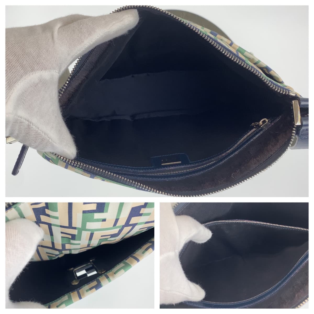 FENDI Shoulder Bag canvas Green Pink Navy Crossbody Shoulder Bag Messenger Bag Zucca Pattern FF logo Women Used