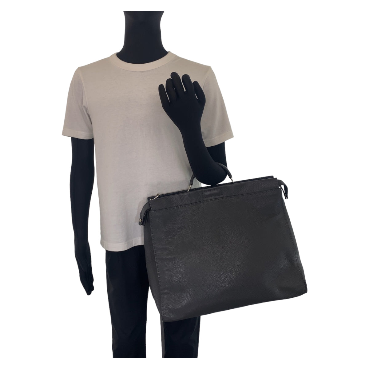 FENDI Business bag leather Grey SilverMetal Business Bag A4 Compatible Shoulder Bag Celeria Peekaboo mens Used