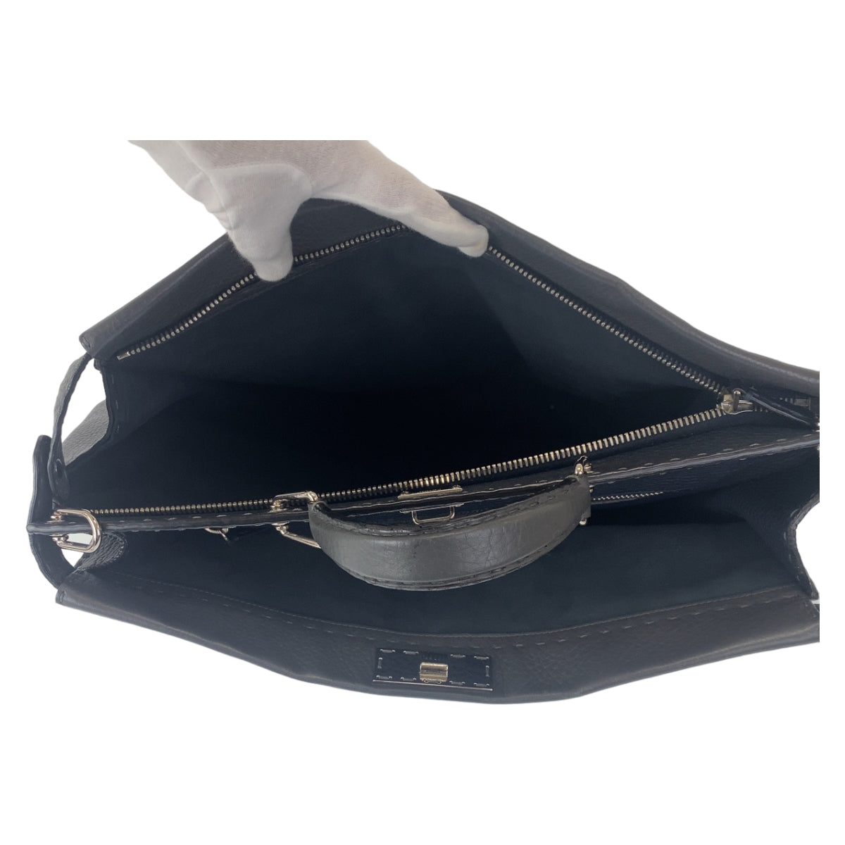 FENDI Business bag leather Grey SilverMetal Business Bag A4 Compatible Shoulder Bag Celeria Peekaboo mens Used