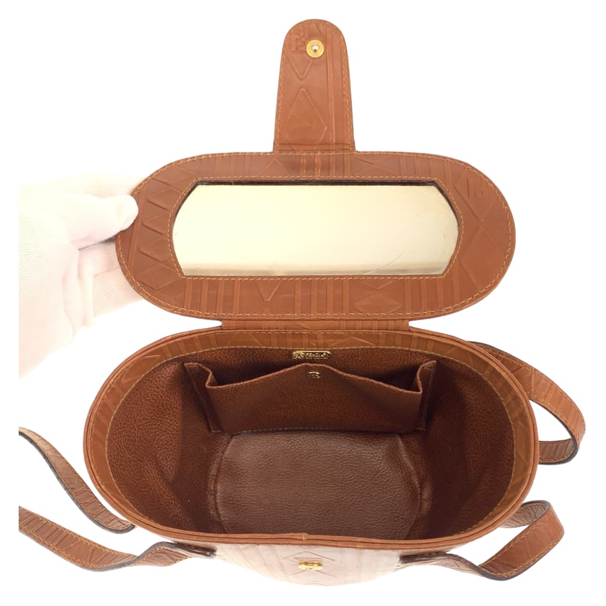 FENDI Handbag Patent leather Camel brown Handbag bucket bag Carving Women Used