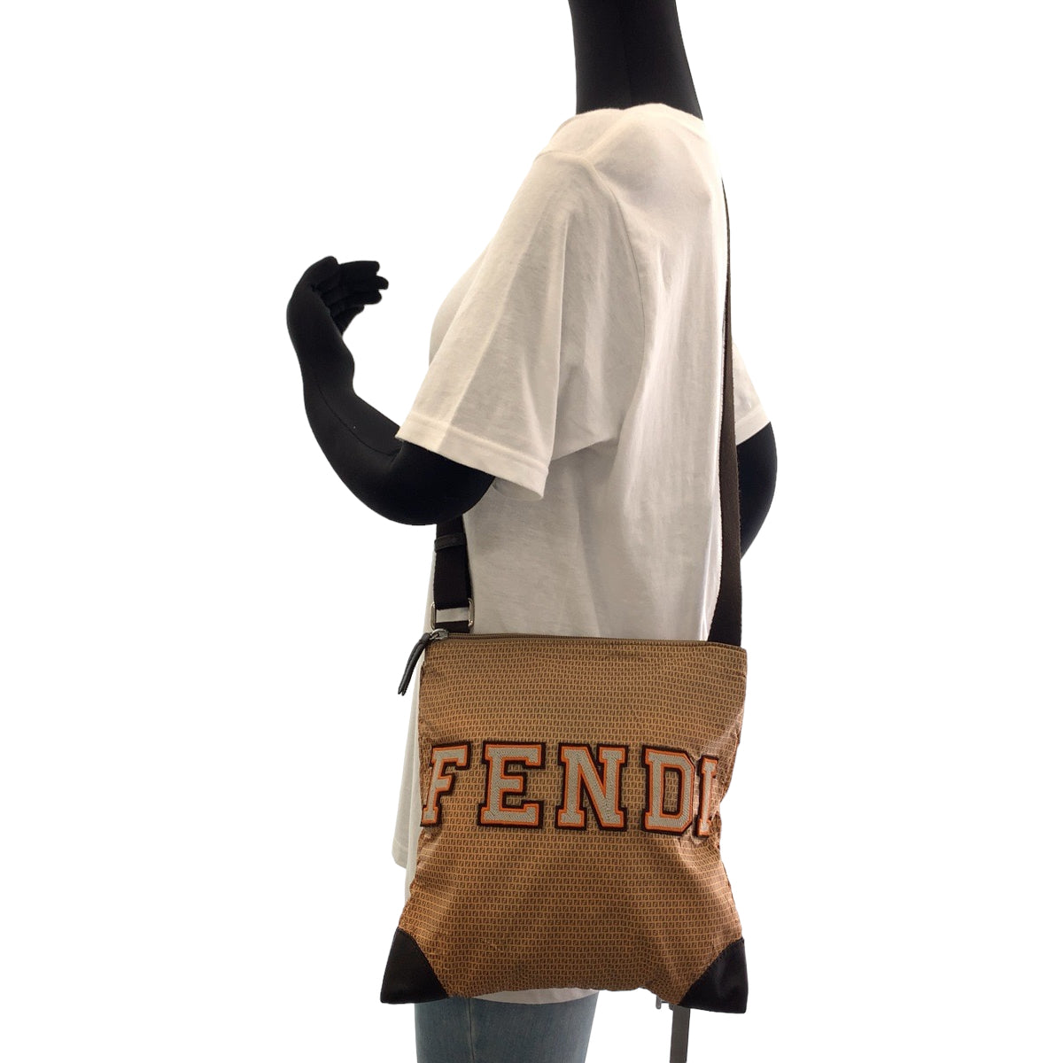 FENDI Shoulder Bag 8BTI84 Nylon Brown Orange SilverMetal Shoulder Bag Crossbody Pochette ZucchinoPattern Women Used