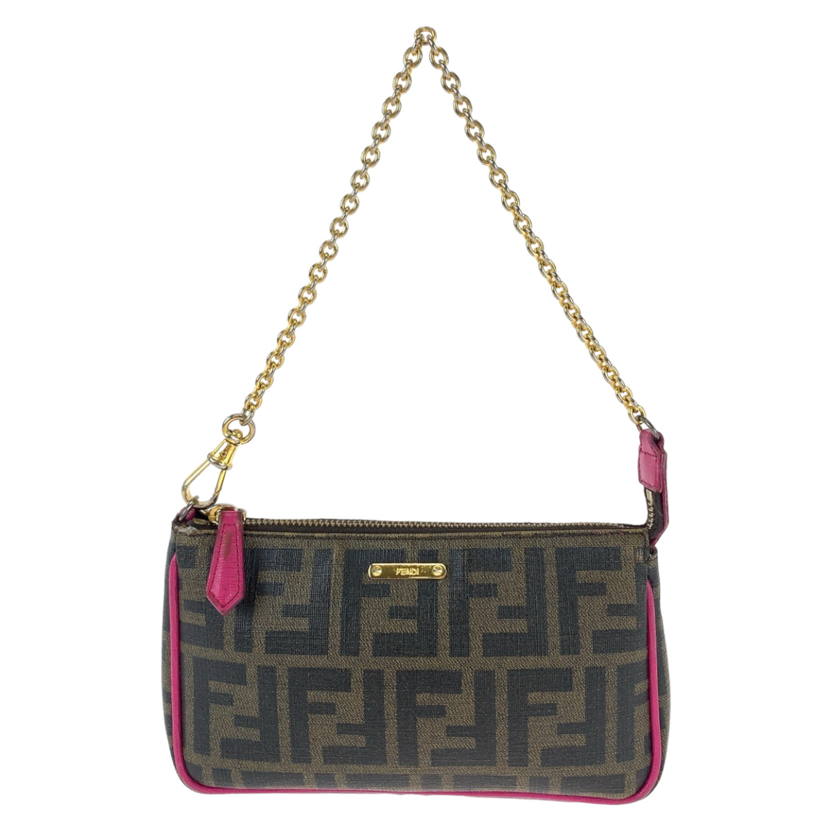 FENDI Handbag 8M0271 GRP leather Brown Pink Gold Metal Chain Handbag Accessory Pouch Zucca Pattern Women Used