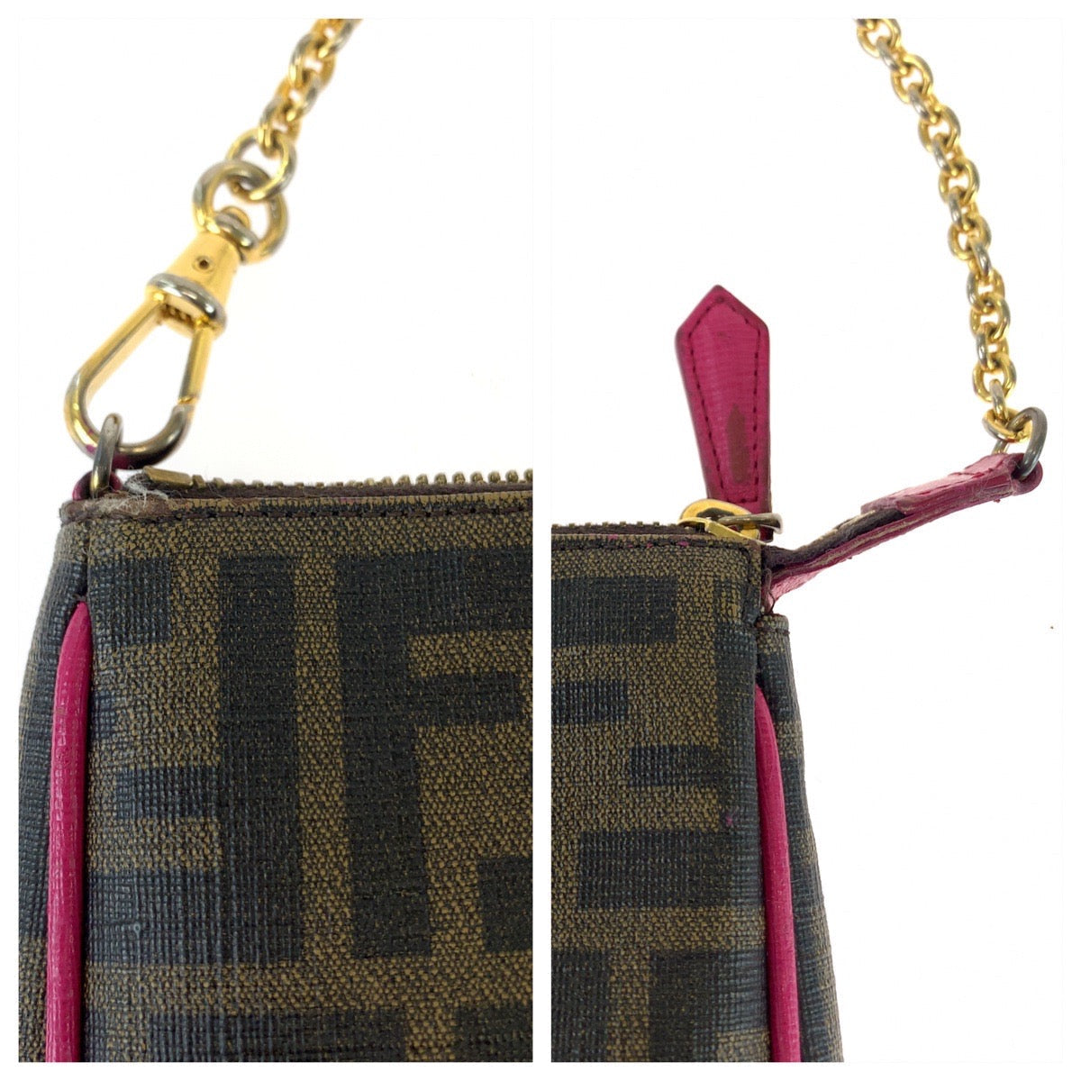 FENDI Handbag 8M0271 GRP leather Brown Pink Gold Metal Chain Handbag Accessory Pouch Zucca Pattern Women Used
