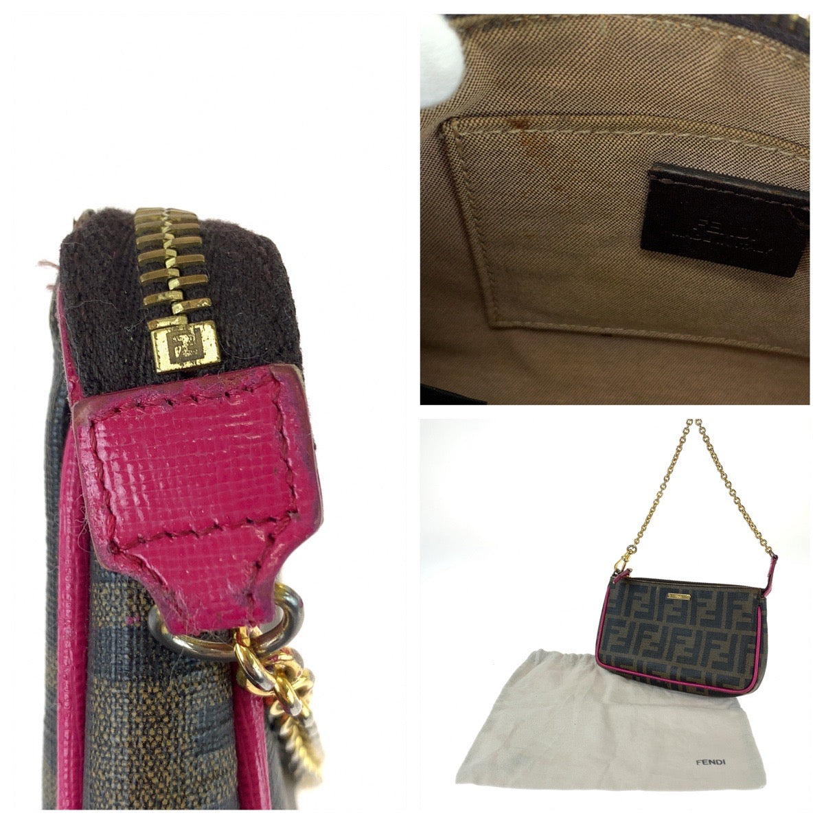 FENDI Handbag 8M0271 GRP leather Brown Pink Gold Metal Chain Handbag Accessory Pouch Zucca Pattern Women Used