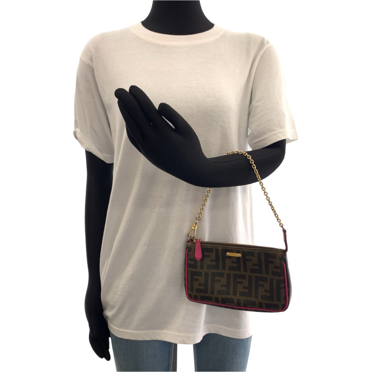 FENDI Handbag 8M0271 GRP leather Brown Pink Gold Metal Chain Handbag Accessory Pouch Zucca Pattern Women Used