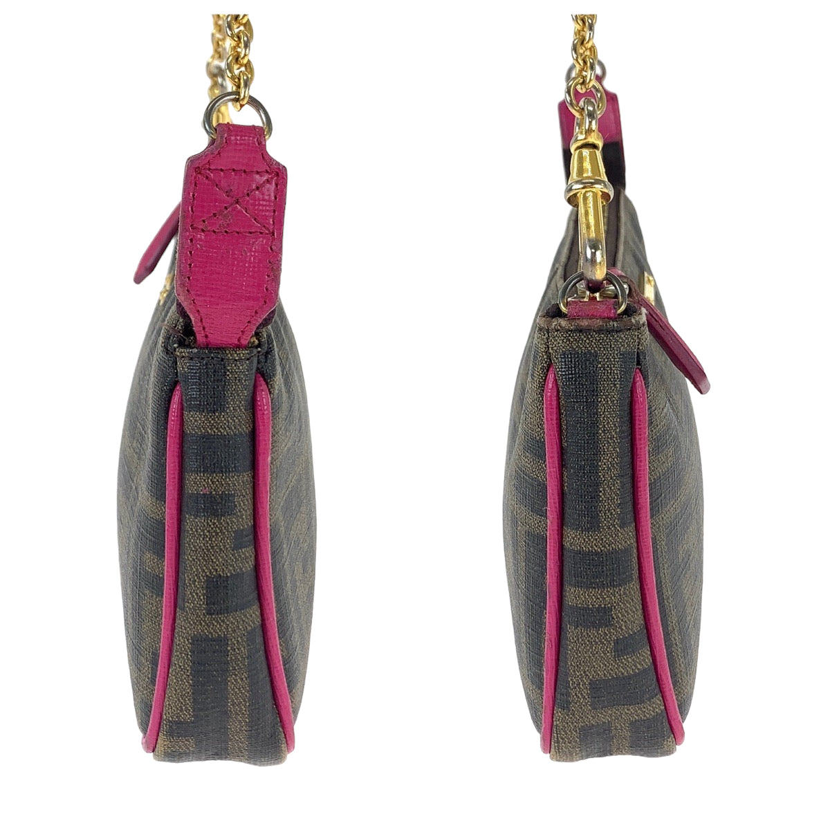 FENDI Handbag 8M0271 GRP leather Brown Pink Gold Metal Chain Handbag Accessory Pouch Zucca Pattern Women Used
