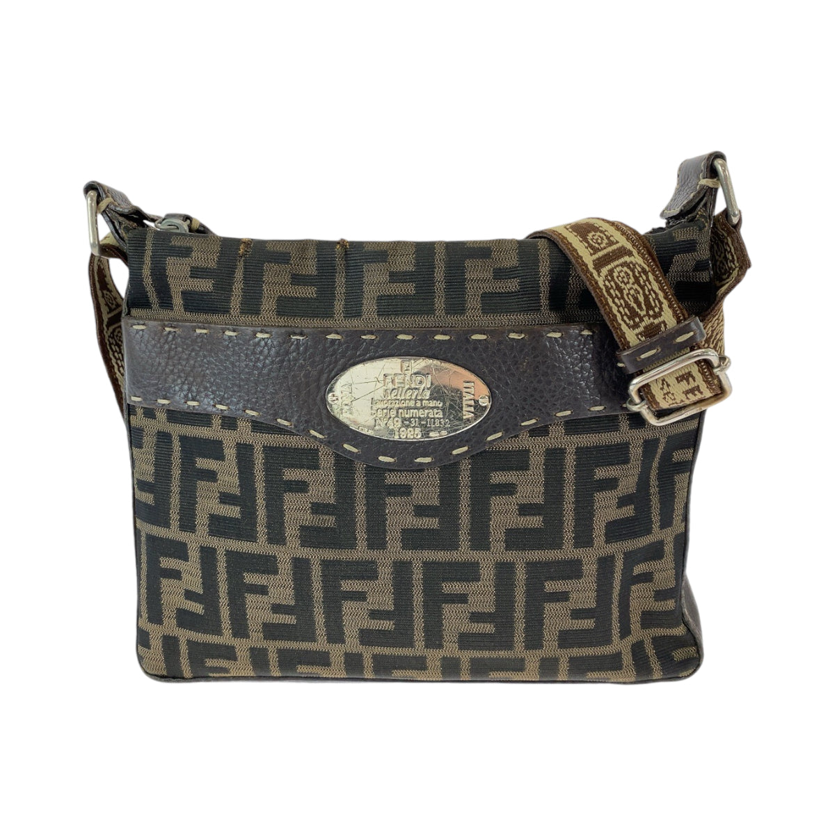 FENDI Shoulder Bag 8BT092 canvas Brown Beige Gold Metal Shoulder Bag pochette Zucca Pattern Women Used