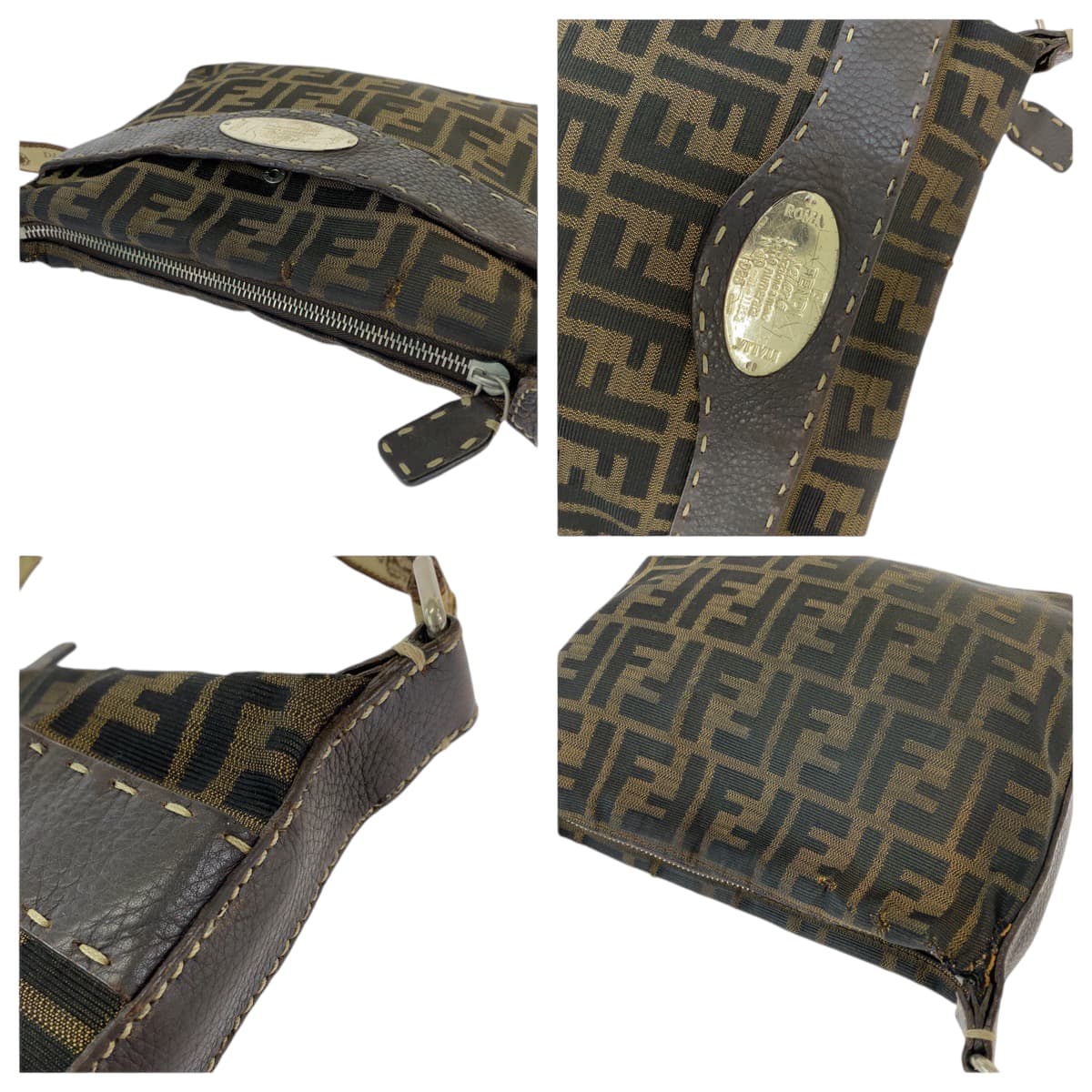 FENDI Shoulder Bag 8BT092 canvas Brown Beige Gold Metal Shoulder Bag pochette Zucca Pattern Women Used