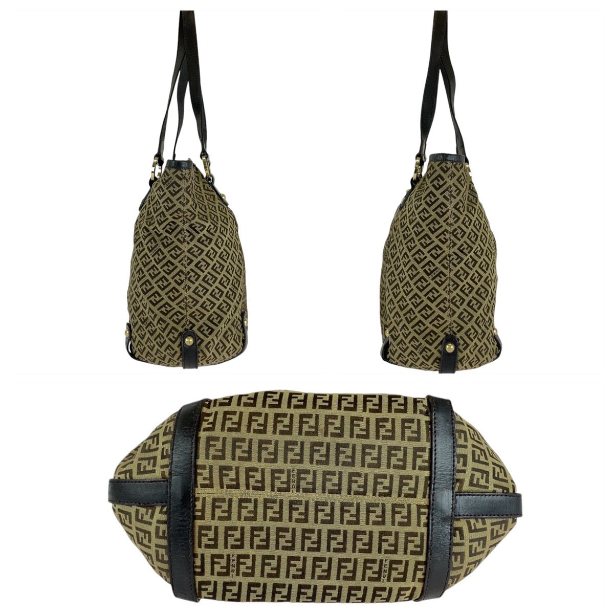 FENDI Tote Bag Canvas, Leather Brown Gold Metal Tote Bag Shoulder Bag Zucchino Women Used