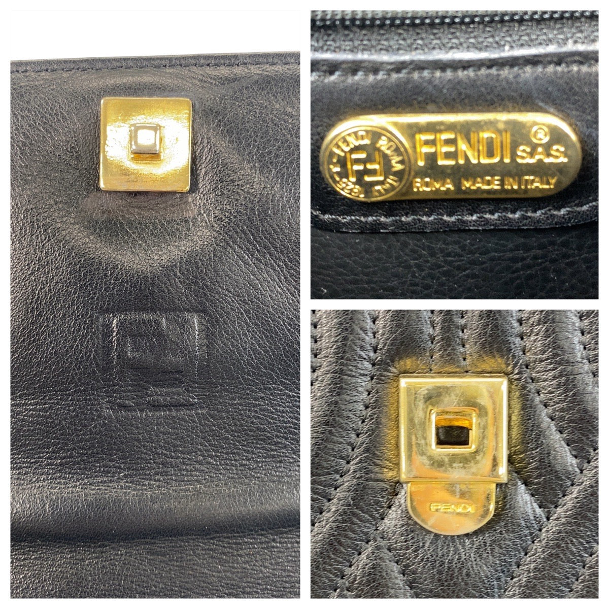 FENDI Handbag leather Black GoldMetal Handbag macaroni Women Used