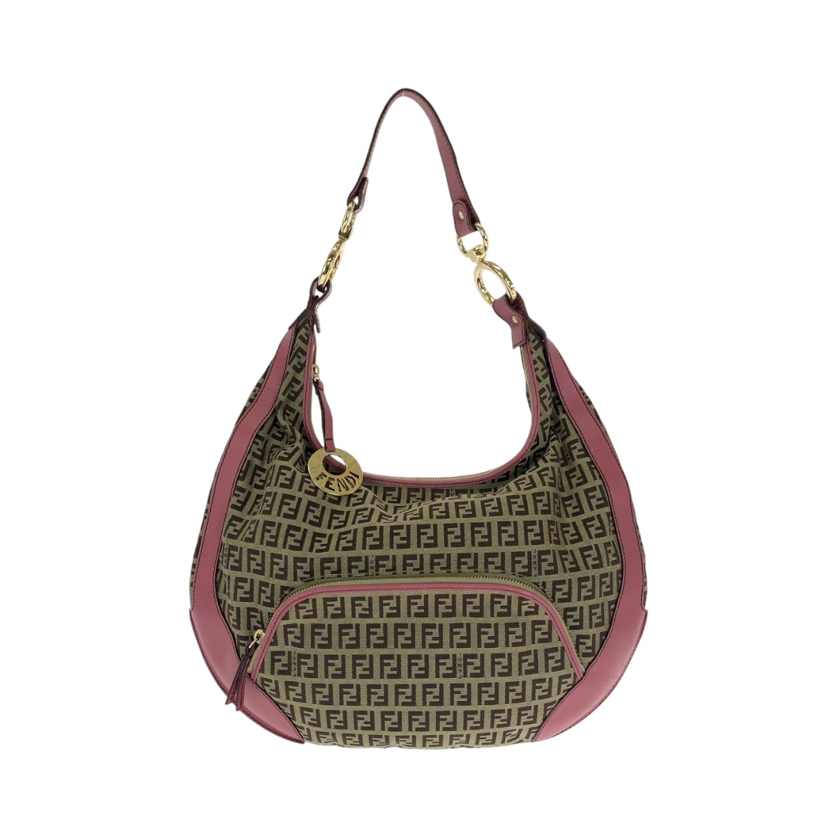 FENDI Shoulder Bag canvas Brown Pink Gold Metal Shoulder Bag Zucchino Chef Hobo Women Used