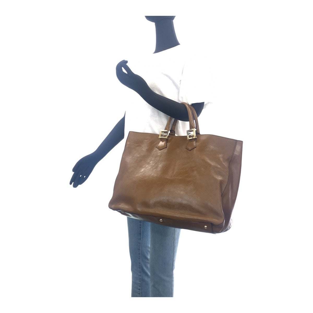 FENDI Tote Bag leather Brown Gold Metal Tote Bag handbag Women Used